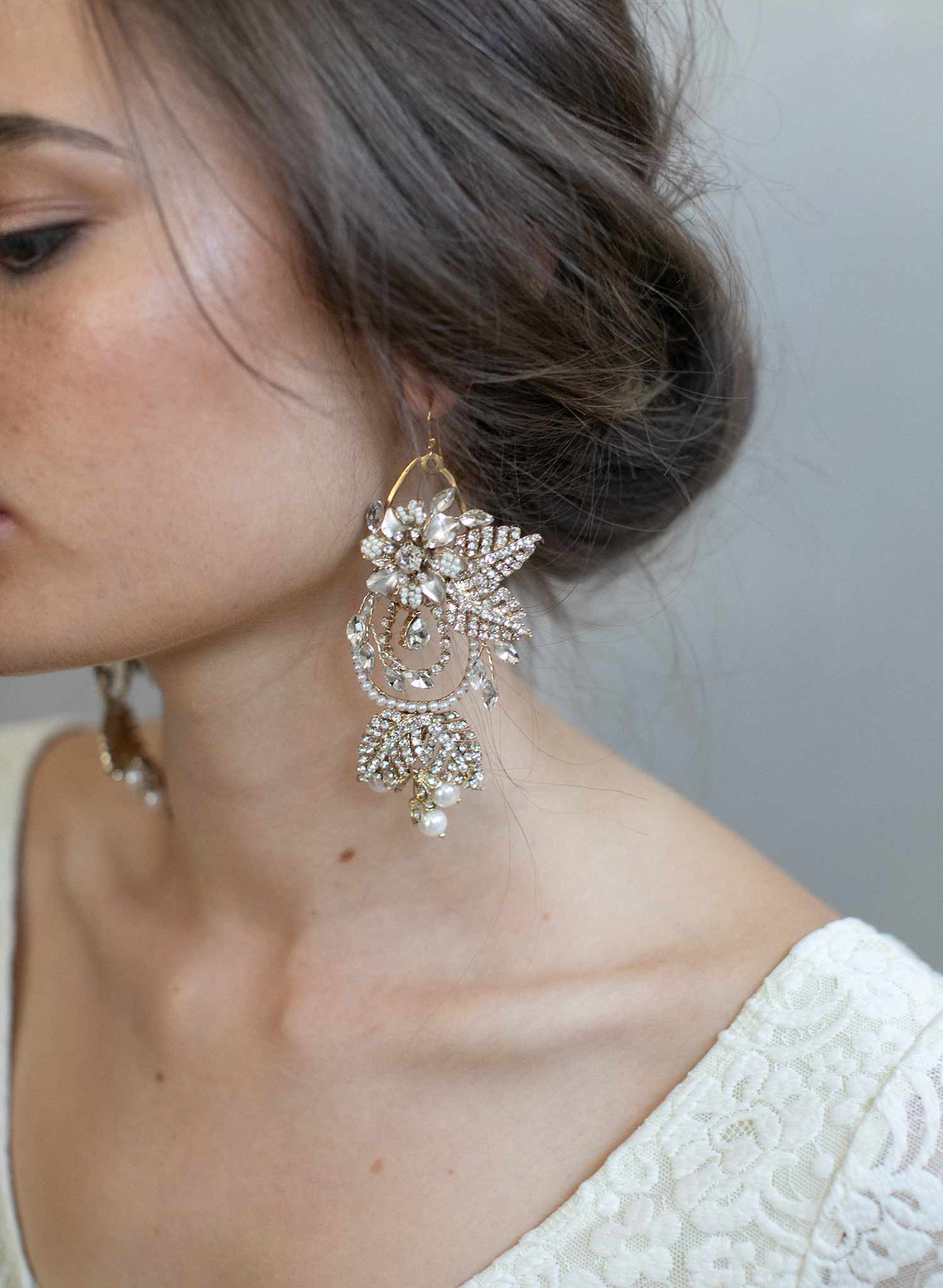 Elegant Gold Flower and Leaf Chandelier Earrings - Style #910 | Vintage-Inspired Dangle Earrings for Women | Perfect for Weddings, Parties & Evening Events