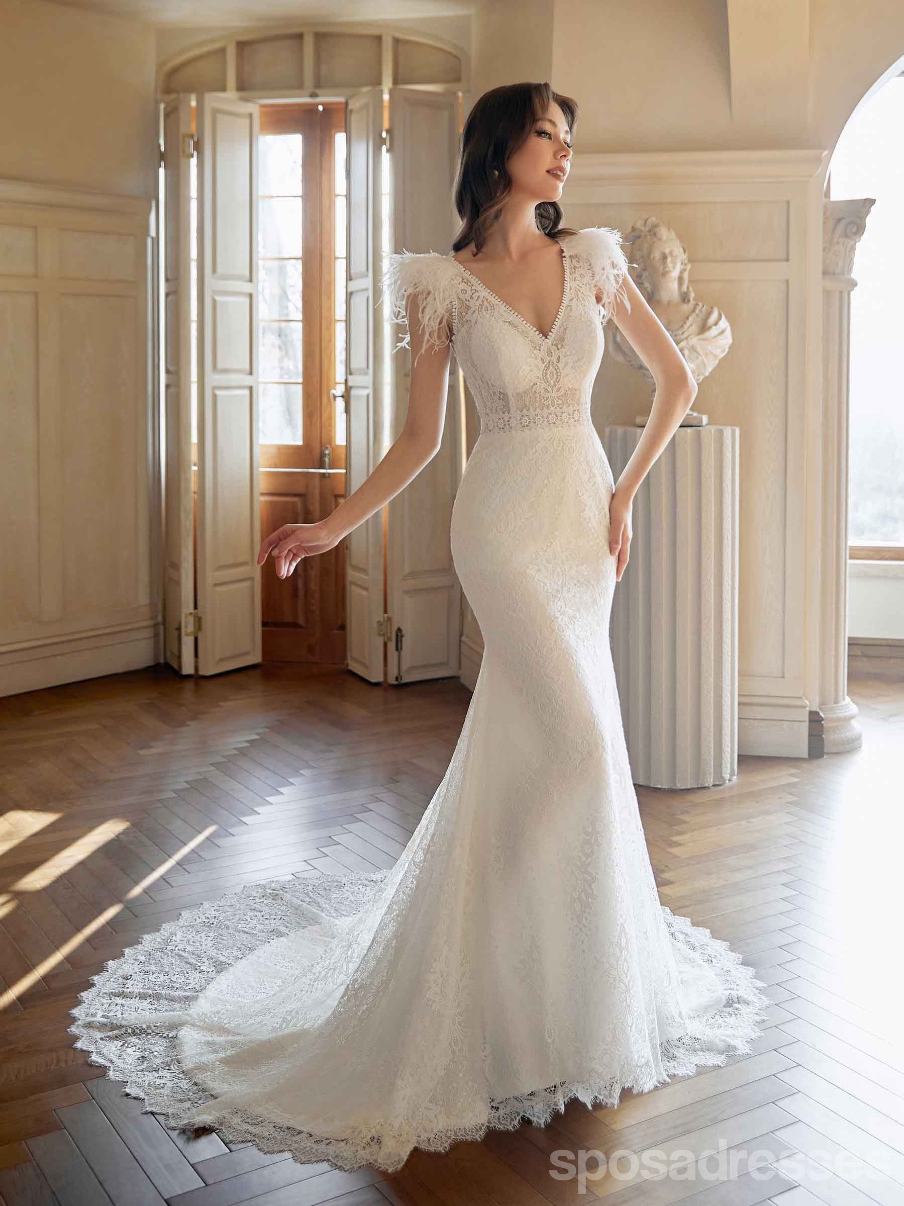 Elegant Mermaid Off White V-Neck Long Handmade Lace Wedding Dress WD819 - Perfect for Beach Weddings, Vow Renewals & Romantic Photoshoots