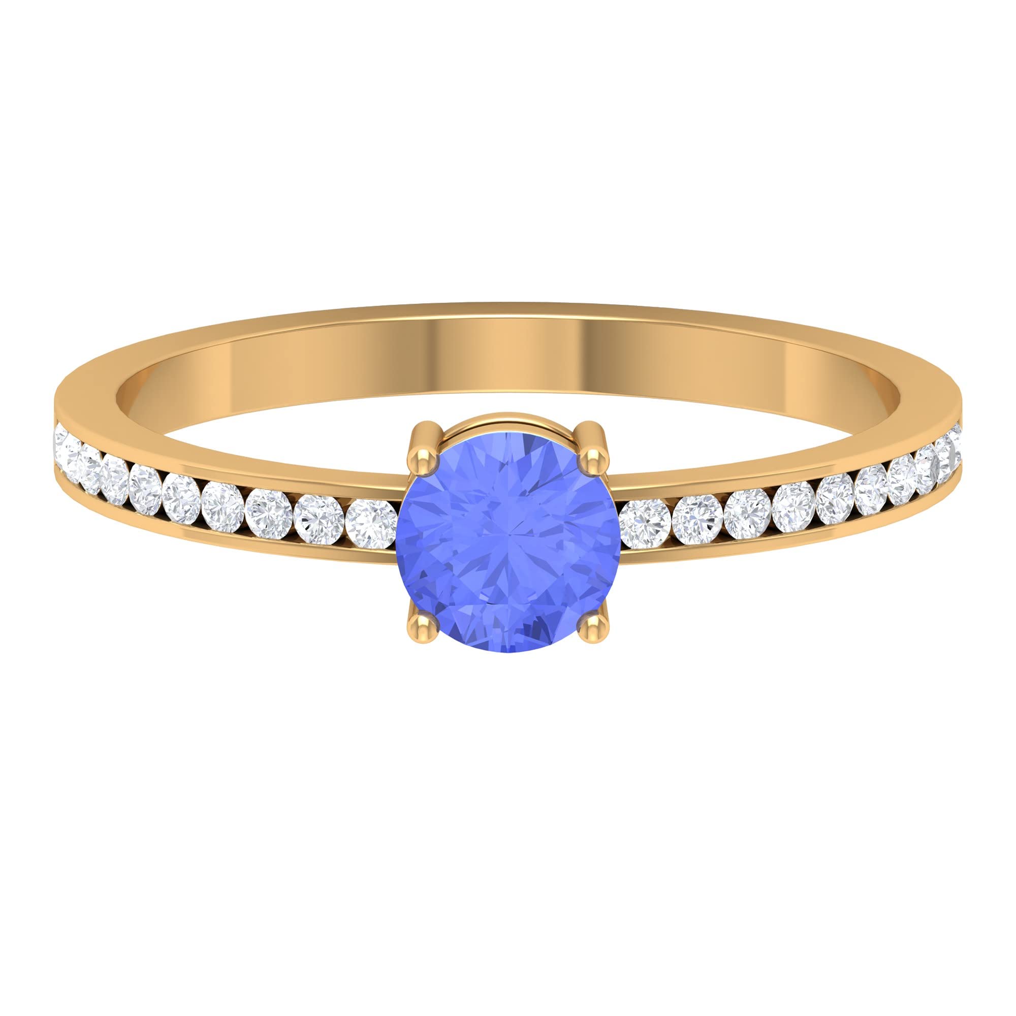 3/4 CT Tanzanite and Diamond Ring for Women - 14K Solid Gold, 5MM Round Blue Tanzanite Engagement Ring - Perfect for Weddings, Anniversaries & Special Occasions