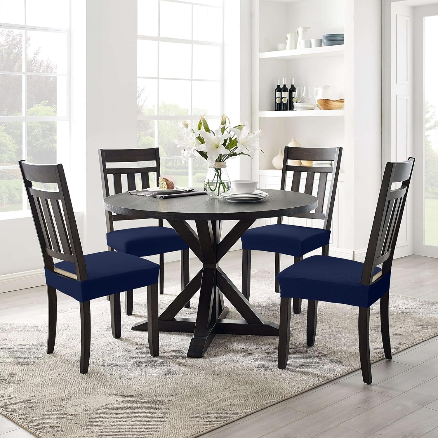 Smiry Stretch Jacquard Dining Room Chair Seat Covers - Set of 6 Washable Slipcovers, Removable Chair Protectors in Federal Blue | Perfect for Home, Office & Restaurant Use