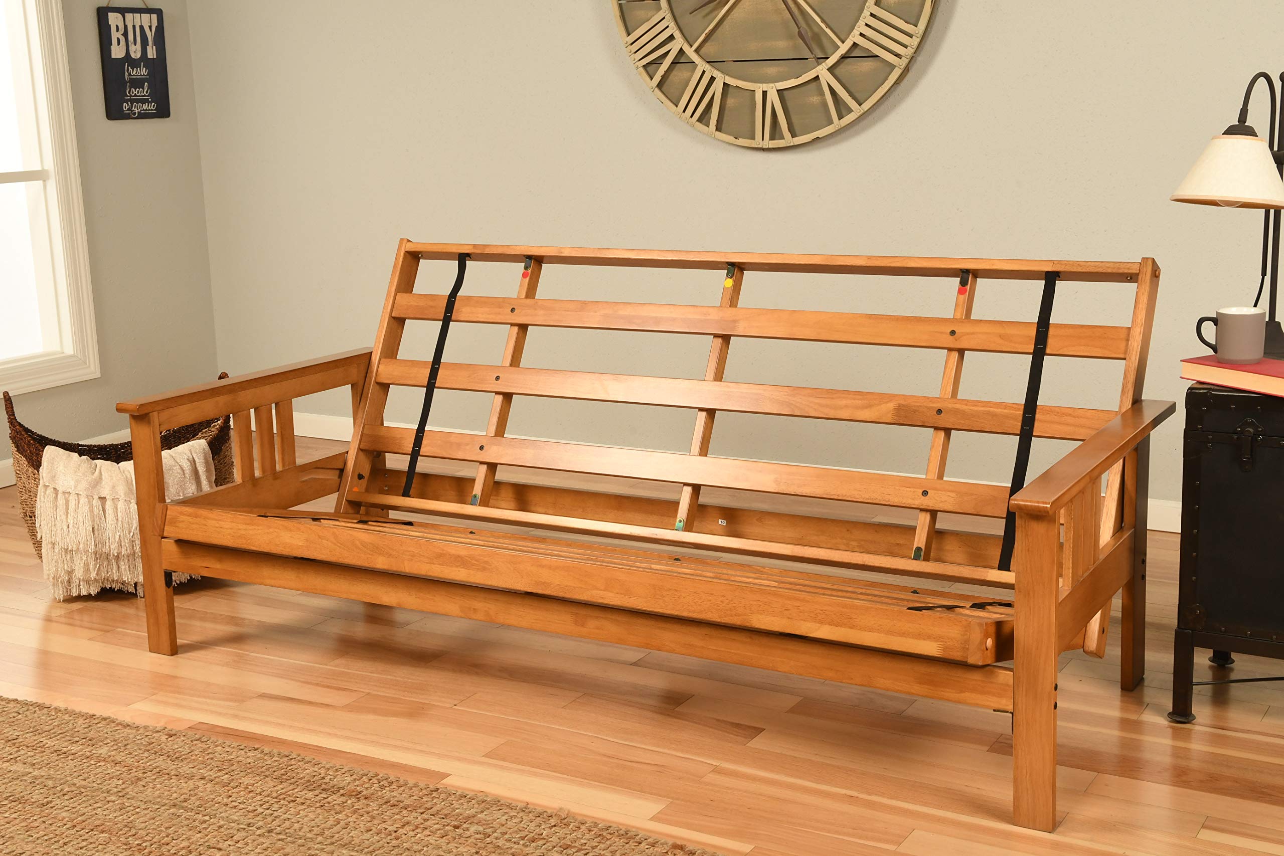 Eldorado Brown Queen Size Hardwood Futon Frame - Convertible Sofa to Bed with Optional Drawers | Perfect for Small Spaces, Guest Rooms & Apartments