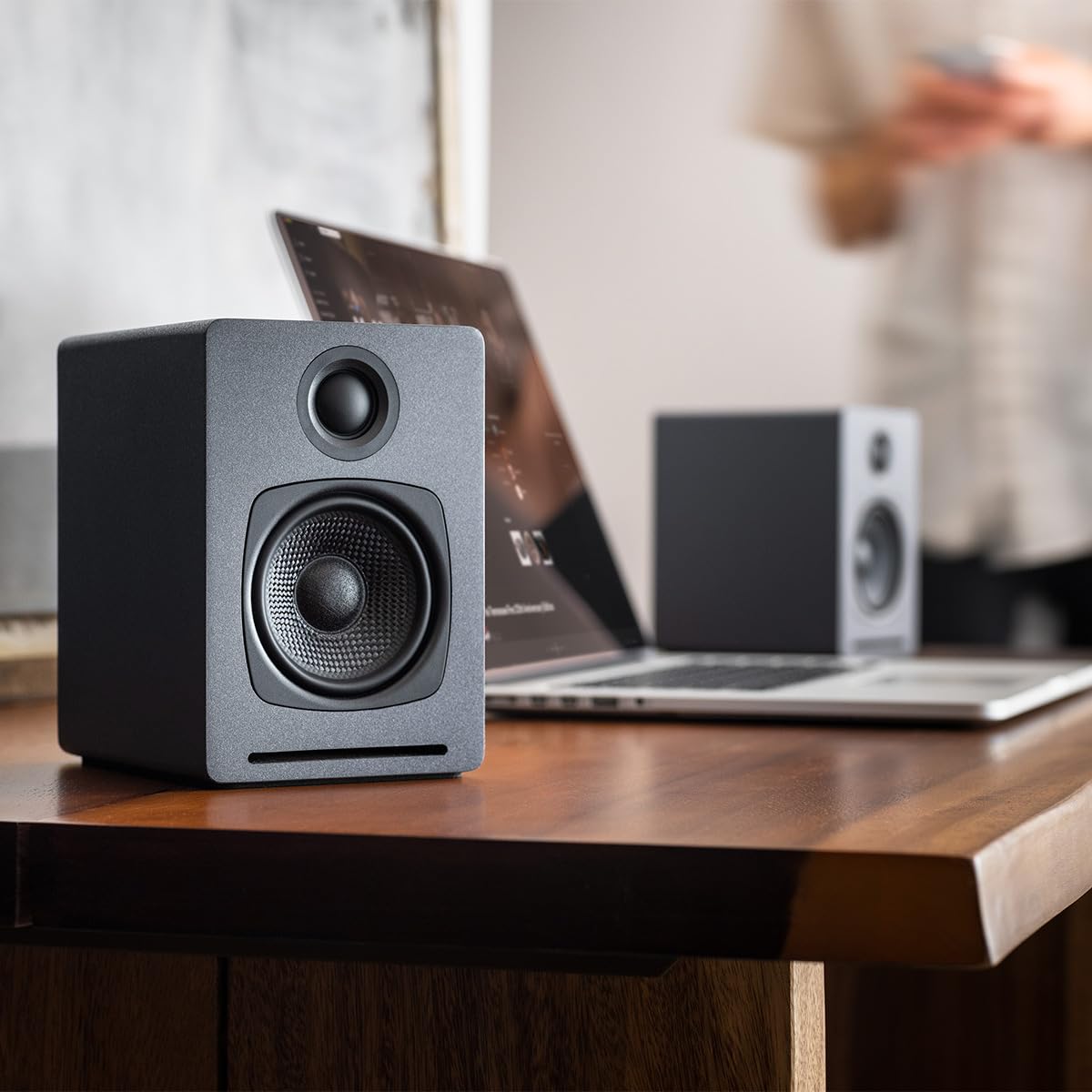 Audioengine A1 Bluetooth Computer Speakers - Wireless Desktop & Laptop PC Speakers with Subwoofer Output, Hi-Fi Sound for Music, Gaming & Home Theater (Pair, Grey) | Perfect for Office, Studio & Entertainment Setup