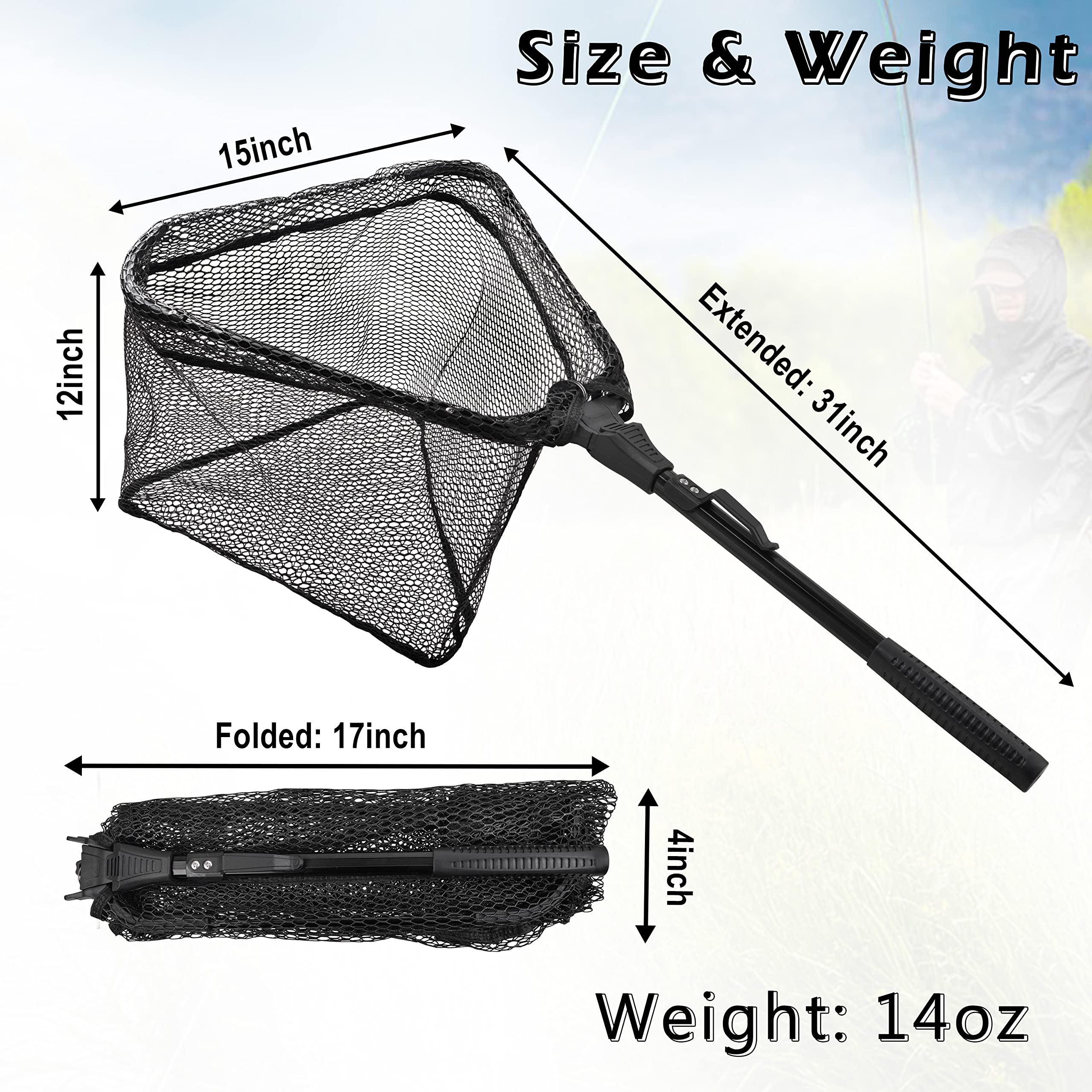 Portable Folding Fishing Landing Net with Telescopic Handle - Collapsible Rubber Mesh Net for Kayak, Boat, Saltwater & Freshwater Fishing - Safe Catch & Release - Ideal for Anglers, Kayaking, and Outdoor Adventures