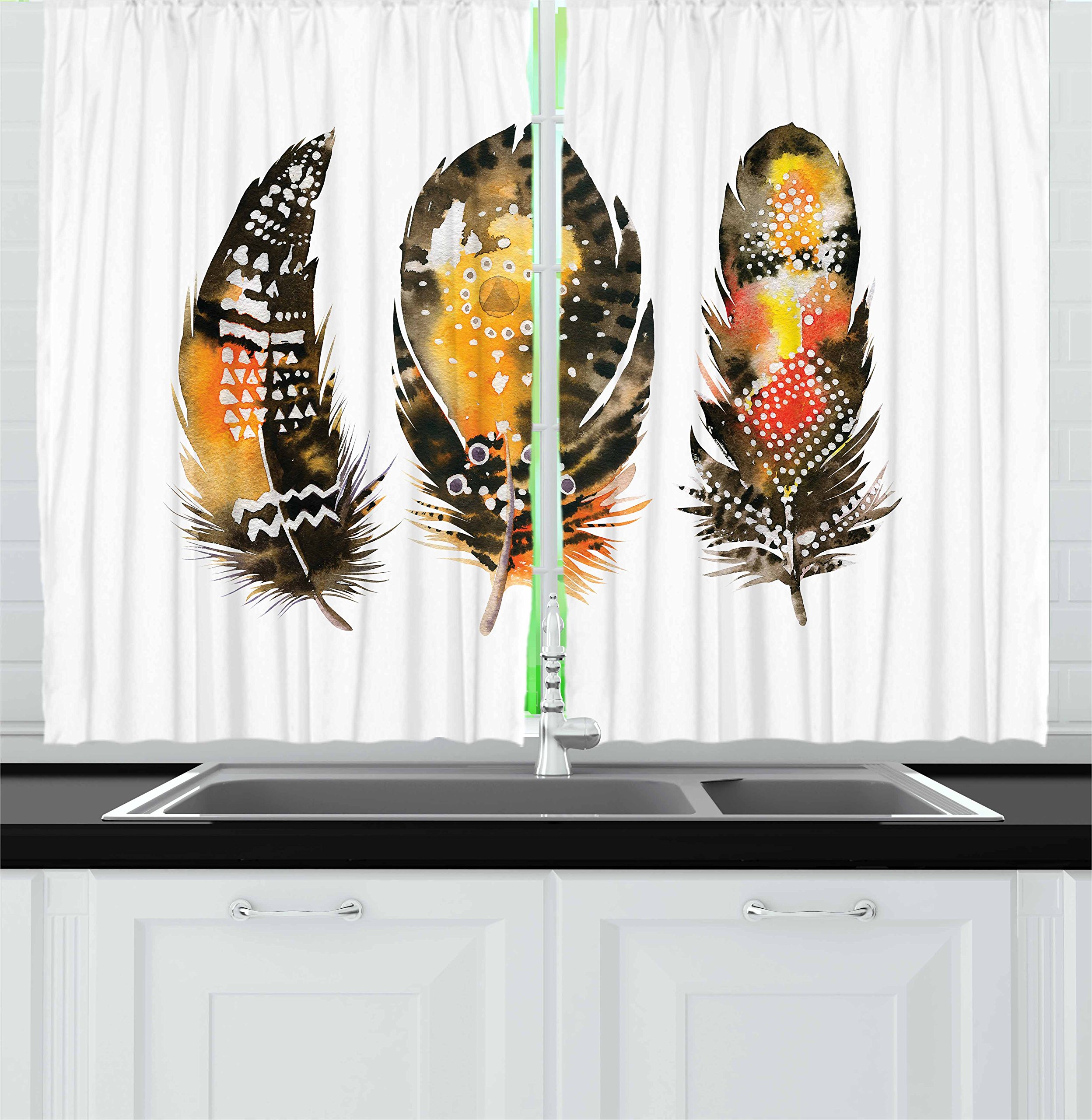 Ambesonne Bohemian Feather Kitchen Curtains - Hand Drawn Colorful Quill Design with Watercolor Effect, 55