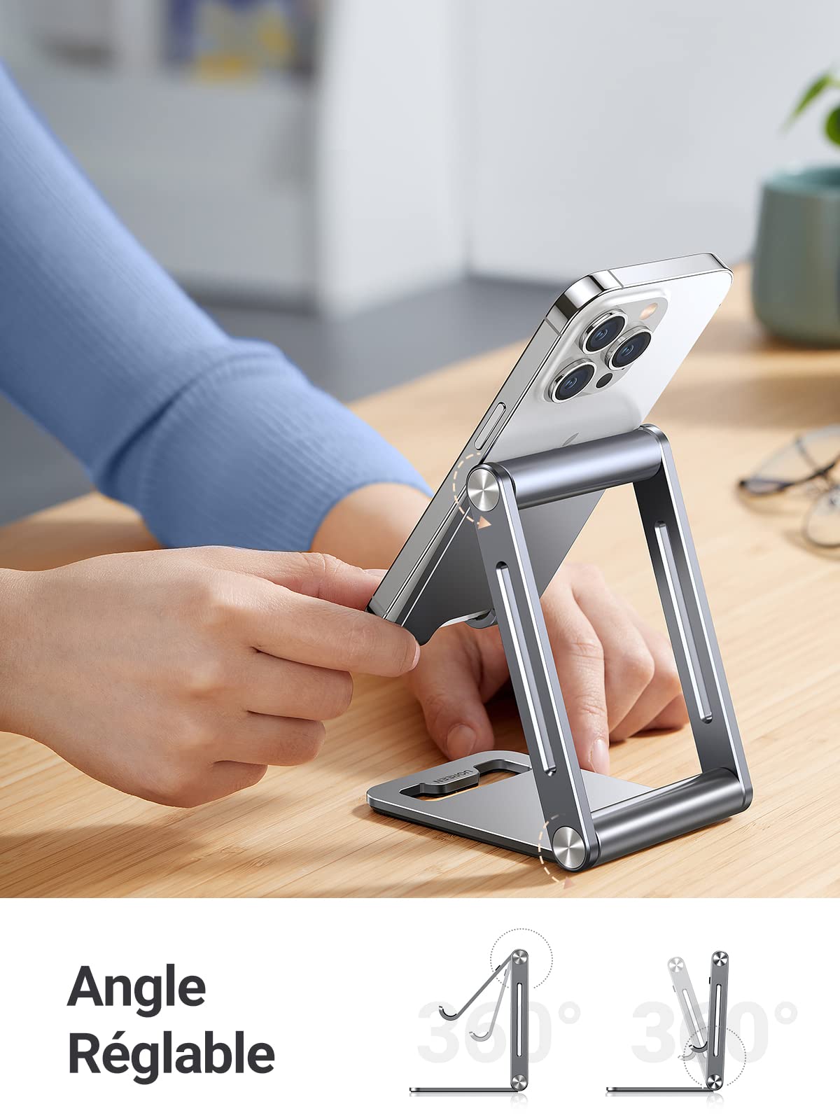 UGREEN Aluminum Phone Stand Holder - Adjustable Foldable Desktop Stand for iPhone 16/15/14/13/12/11, Galaxy S24/S23/S22, Pixel 8/7a/6a (Gray) - Perfect for Home Office, Gaming & Video Calls