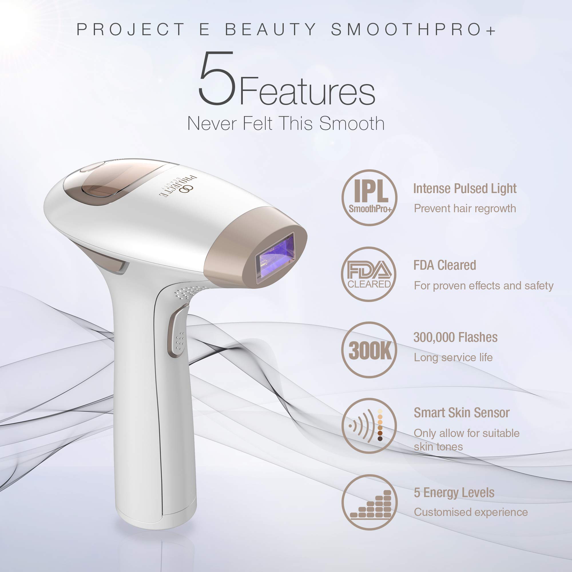 Project E Beauty SmoothPro+ IPL Hair Removal Device - Permanent Hair Reduction for Face, Armpits, Legs & Body | 5 Energy Levels, 300,000 Flashes | Painless & Long-Lasting | Perfect for Home Use, Travel & Salon-Quality Results