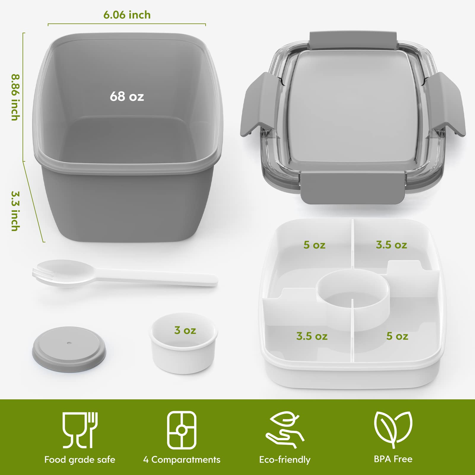 Cherrysea 2-Pack 68oz BPA-Free Leak Proof Salad Lunch Box with 4 Compartments & Sauce Container - Includes Fork for Men & Women | Perfect for Office Lunch, Meal Prep, Picnics & Healthy Eating On-The-Go (Grey)