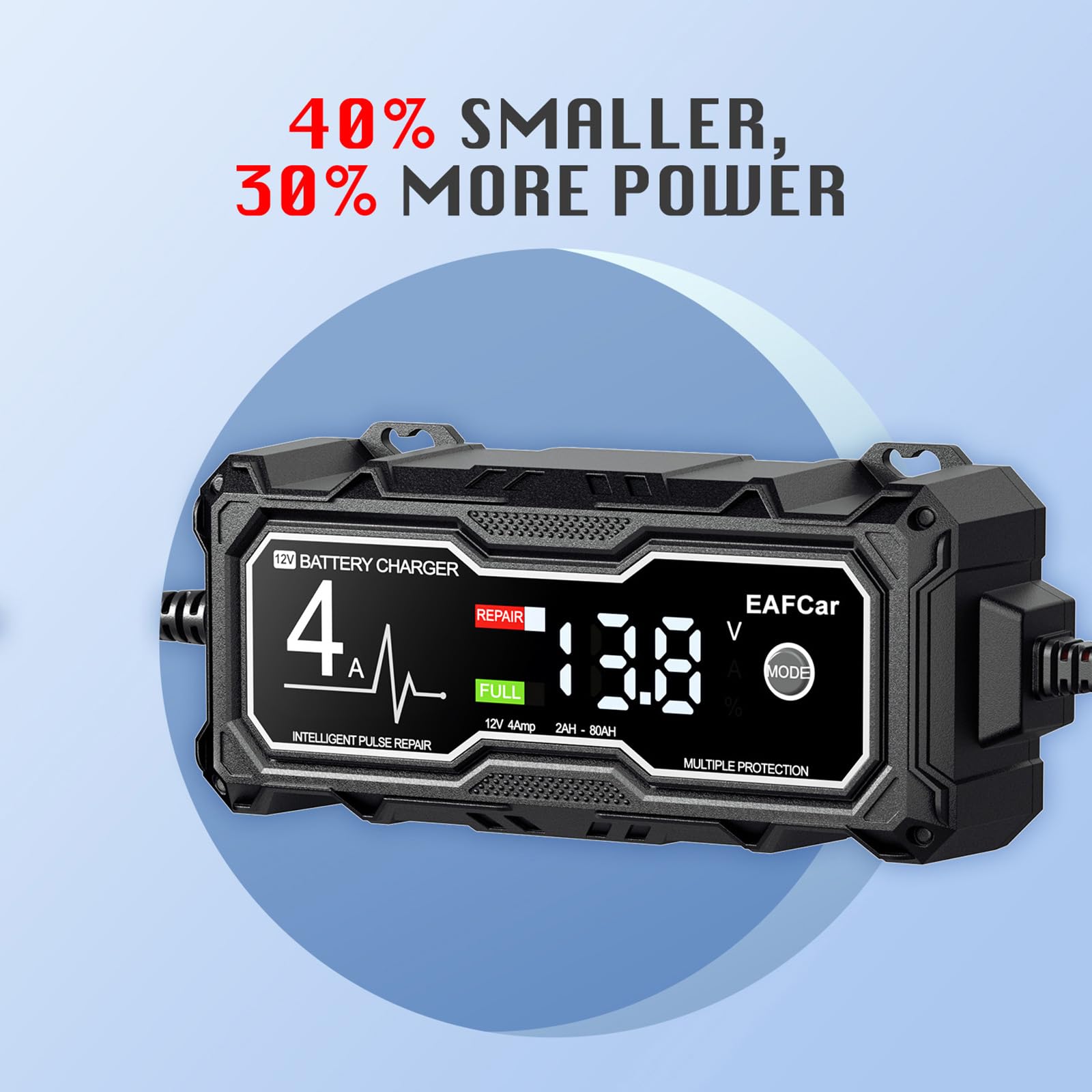 12V 4-Amp Smart Car Battery Charger & Maintainer with LCD Display - Temperature Compensated Automotive Trickle Charger for Cars, Trucks, Motorcycles, RVs & Boats - Perfect for Winter Storage & Long-Term Vehicle Maintenance