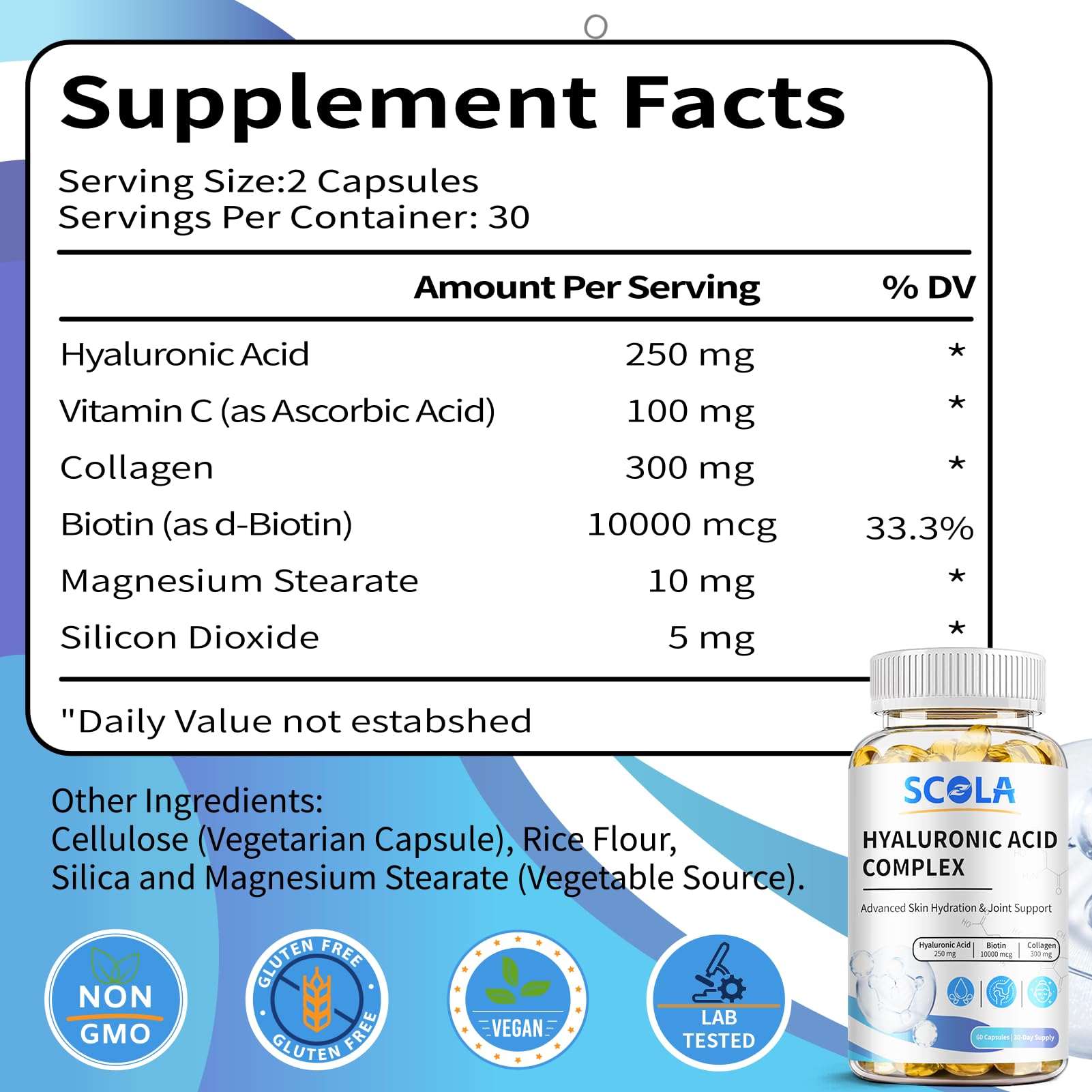 Premium Hyaluronic Acid Supplements 250mg with Vitamin C, Collagen & 10000mcg Biotin - Advanced Skin Hydration, Joint Support & Anti-Aging Formula - 60 Vegan Capsules for Glowing Skin & Healthy Joints - Perfect for Daily Beauty Routine & Active Lifestyle