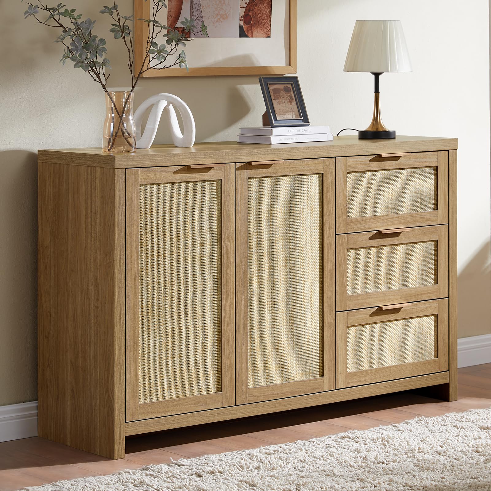 Rattan Sideboard Cabinet with 3 Drawers & 2 Doors - Kitchen Storage Organizer, Buffet Cabinet & Accent Console Table for Living Room, Hallway or Bar | Weathered Oak Finish | Perfect for Small Space Organization & Home Decor