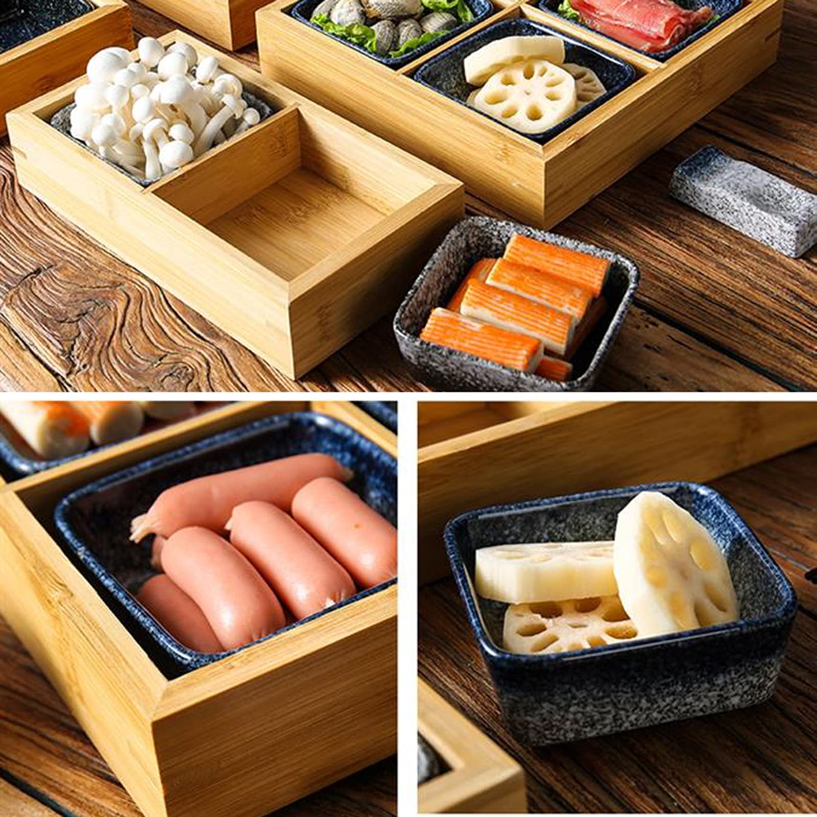 AIZYR Ceramic Snack Serving Platter with Wooden Tray - Elegant Sushi Appetizer Display Plate for Home, Restaurant & Party Use - Perfect for Entertaining, Hors d'Oeuvres & Charcuterie Boards