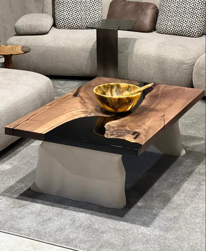 Epoxy Resin Walnut Coffee Table with Stone-Look Legs - Modern Living Room Centerpiece for Home Decor