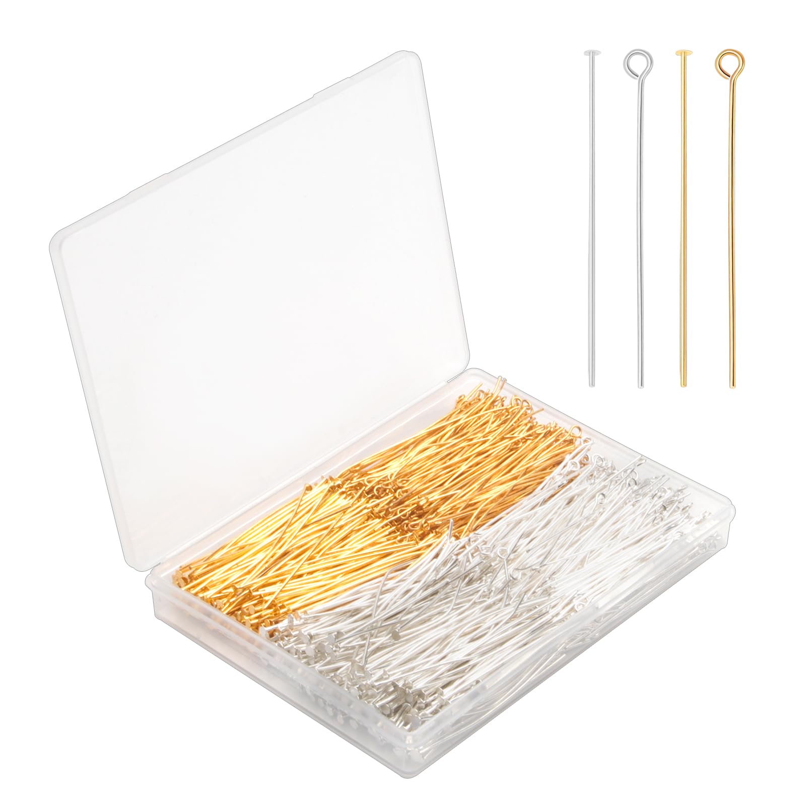 800PCS 2'' Flat Head Pins Eye Pins for Jewelry Making - Gold & Silver Metal Headpins, DIY Craft Supplies for Earrings, Bracelets, Necklaces, Pendants - Perfect for Beading, Wire Wrapping, and Handmade Jewelry Designs