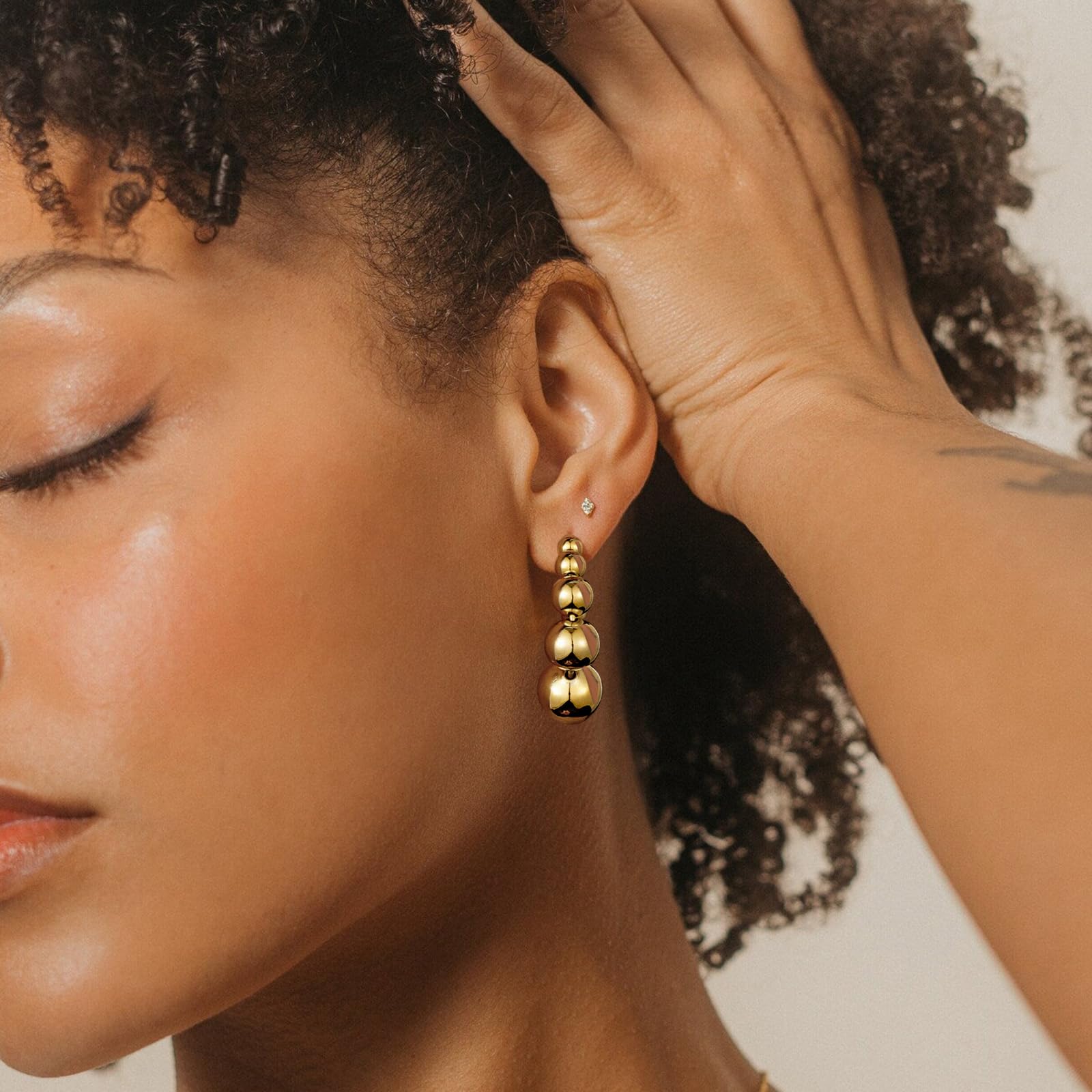 14K Gold Plated Beaded Hoop Earrings for Women - Lightweight Chunky Statement Huggie Earrings with Round Ball Drop - Dainty Jewelry Gift for Her - Perfect for Parties, Weddings & Everyday Wear