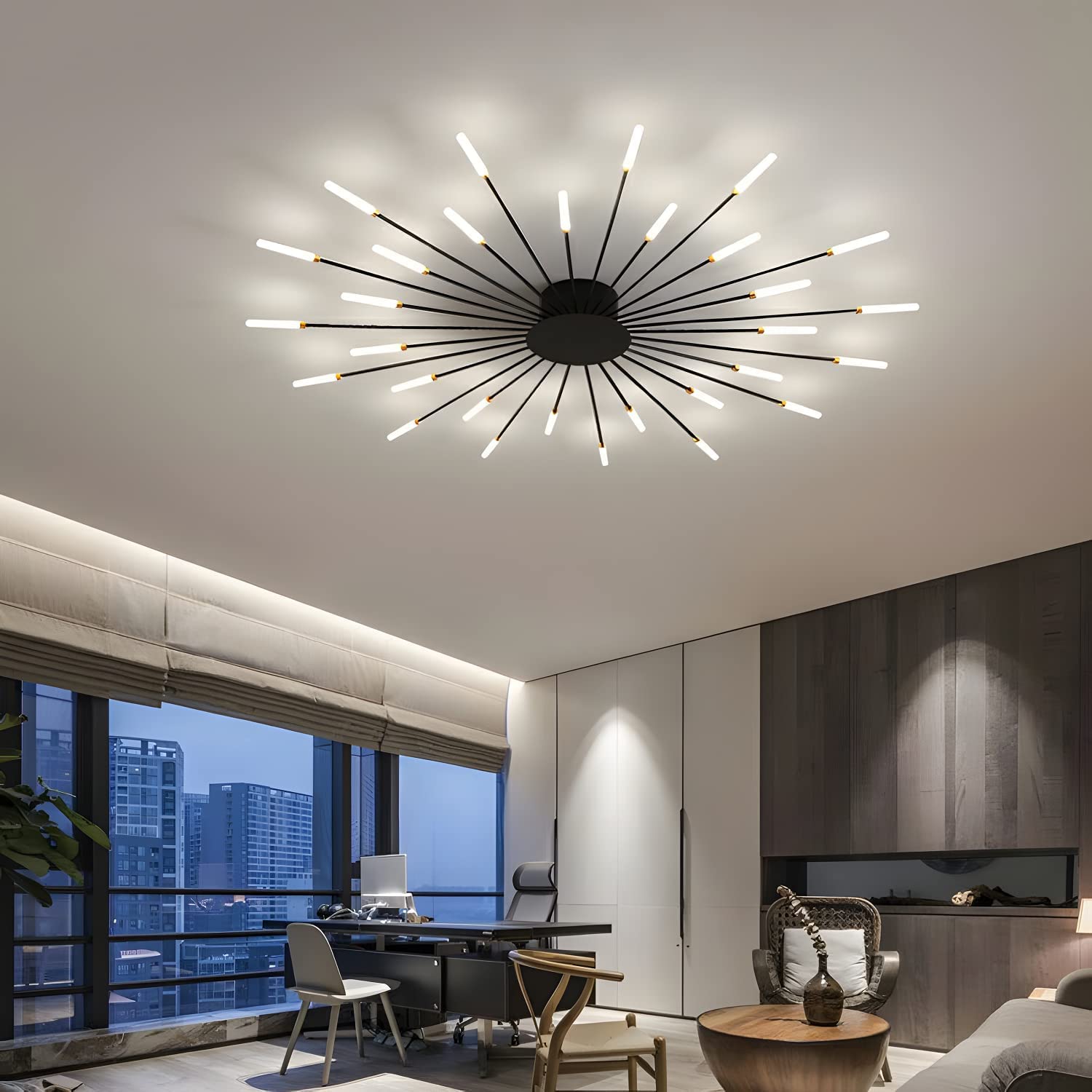 Modern Black Linear Flush Mount LED Ceiling Light - Sputnik Chandelier with Acrylic Starburst Design, 20-Light Spiral Fixture for Living Room, Bedroom or Dining Area - Natural White Light for Ambient & Task Lighting