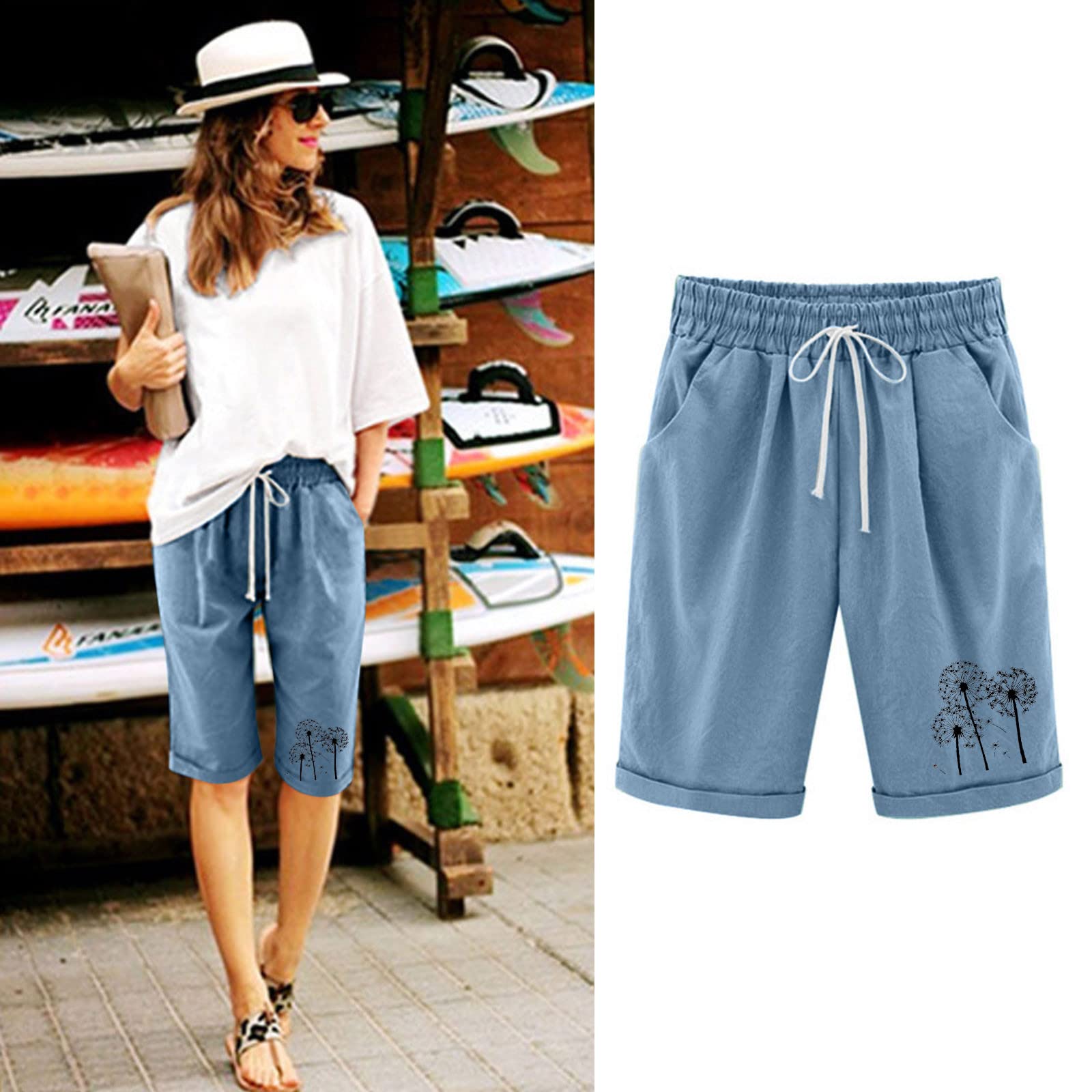 Women's Bermuda Shorts - Cotton Elastic Drawstring Summer Beach Shorts with Pockets | Plus Size Casual Wear for Outings & Vacations