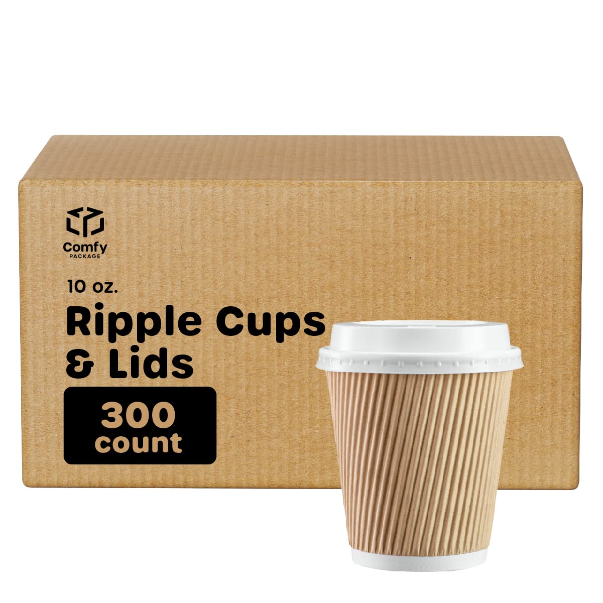 300 Pack 10 oz Insulated Kraft Ripple Paper Hot Cups with Lids - Disposable Coffee Cups for Hot Beverages, Travel, Office, Cafes & Takeout - Eco-Friendly & Leak-Proof Design