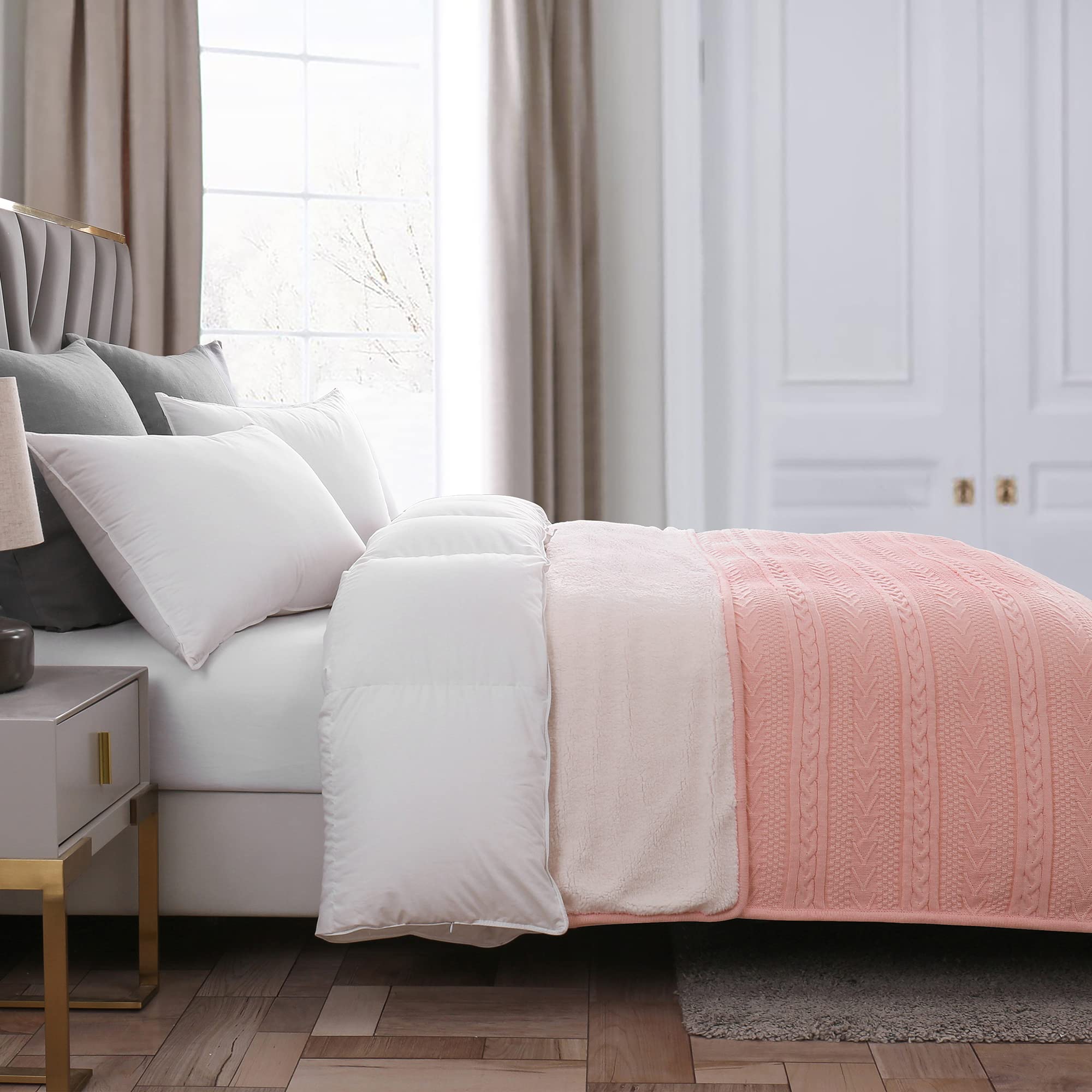 Longhui Pink Acrylic Cable Knit Sherpa Throw Blanket - Ultra Soft & Cozy Fleece Blanket for Couch, Sofa, Bed - 50
