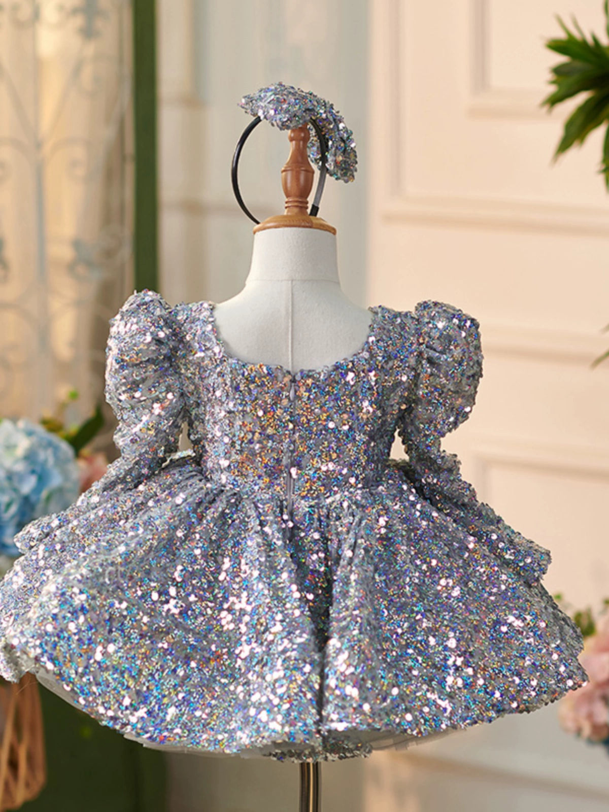 Elegant Dusty Blue Princess Square Neckline Sequined Flower Girl Dress for Weddings, Pageants & Special Occasions