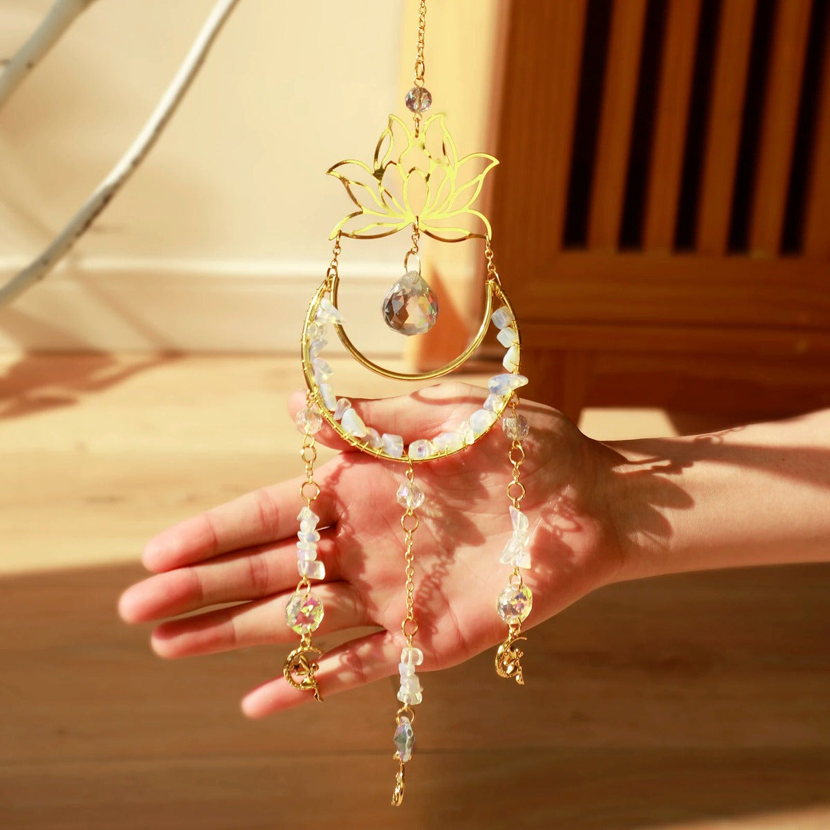 Crystal Lotus Suncatcher with Moon Pendant - Elegant Window Decor for Home, Office & Meditation Spaces | Feng Shui & Spiritual Gifts