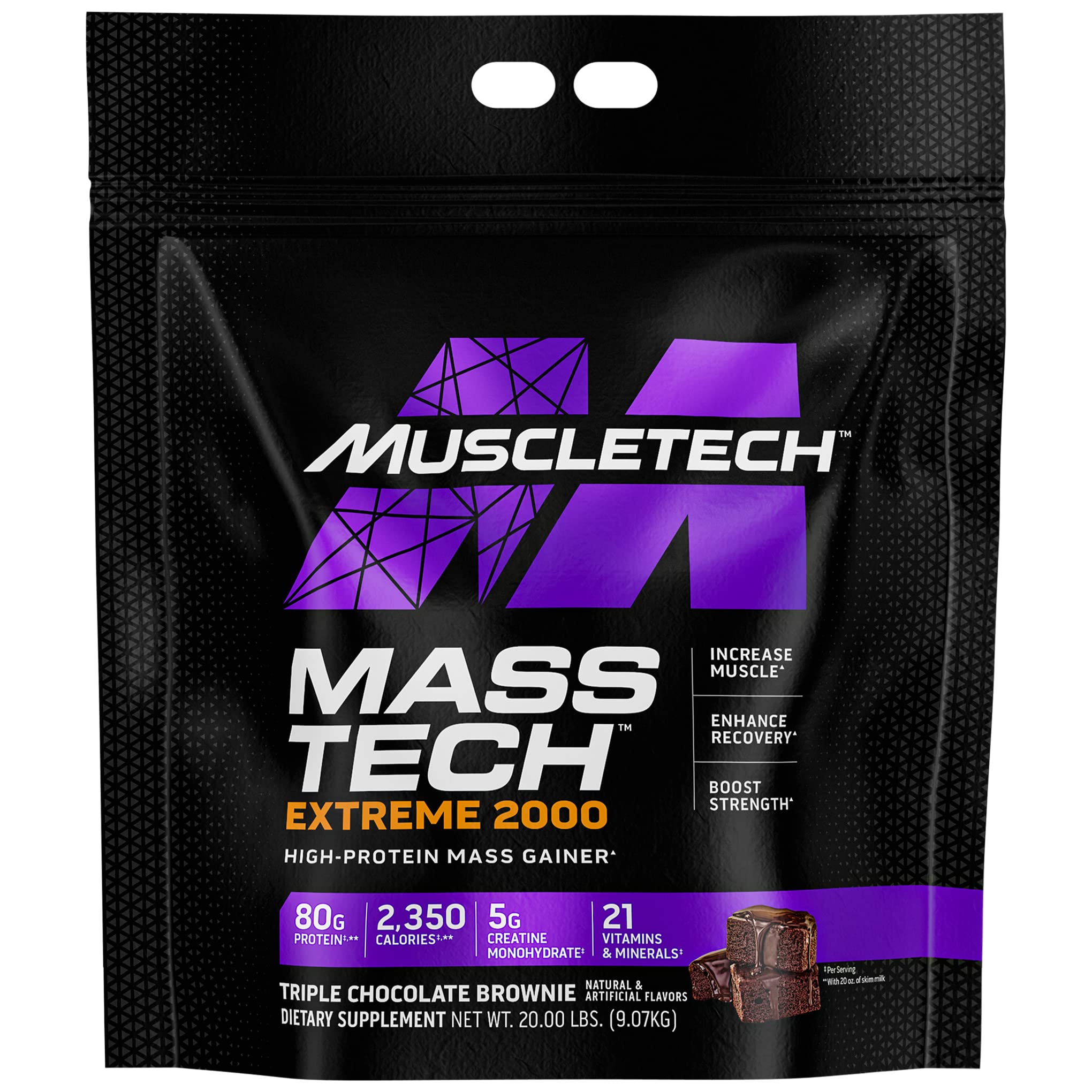 MuscleTech Mass-Tech Extreme 2000 Weight Gainer Protein Powder - 20lbs | High Protein Muscle Builder with Whey, Creatine & Carbs | Triple Chocolate Flavor for Men & Women | Perfect for Post-Workout Recovery & Bulking Season