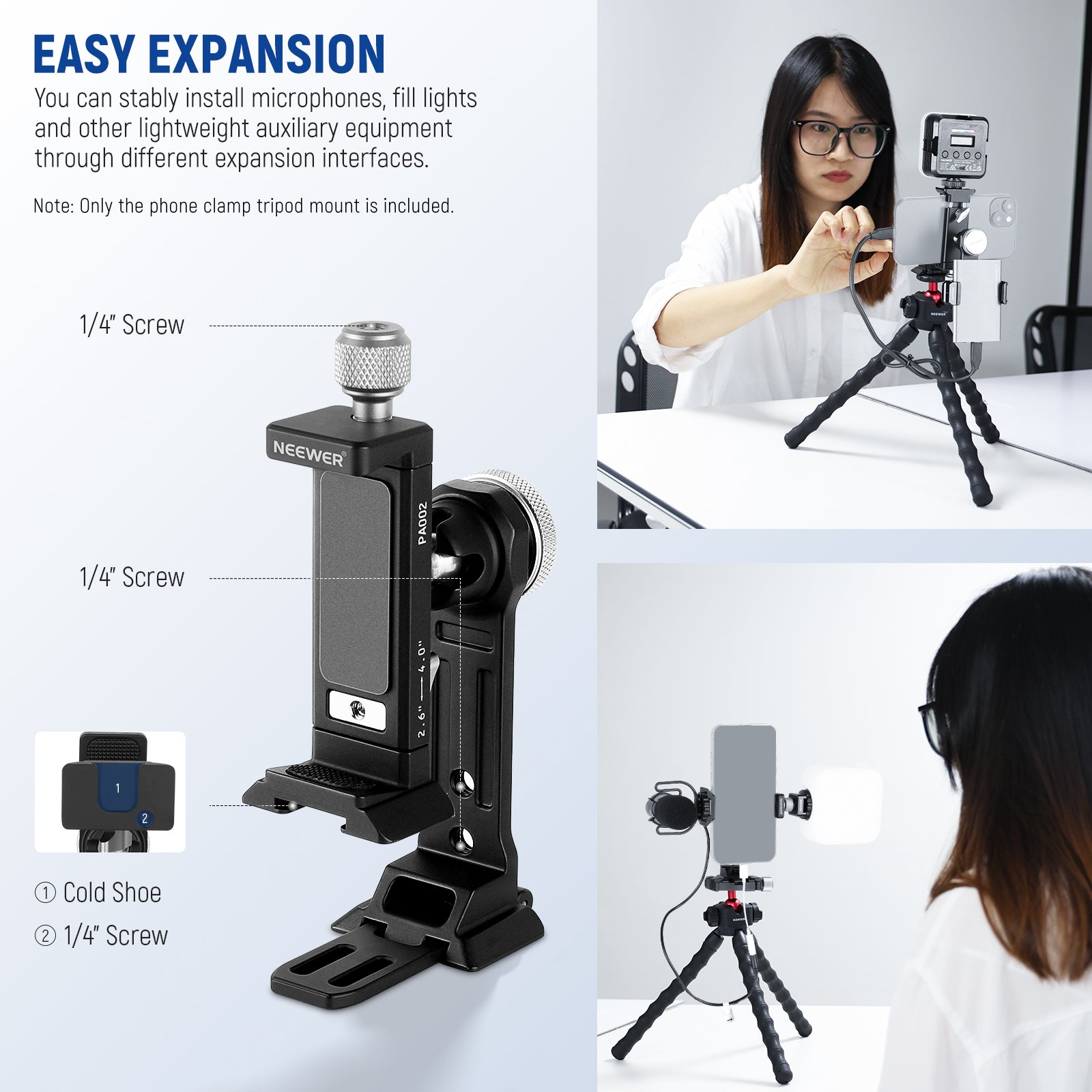 NEEWER PA002 Aluminum Alloy Smartphone Tripod Mount - Adjustable Phone Holder for Vlogging, Photography & Video Recording - Perfect for YouTube, TikTok & Live Streaming