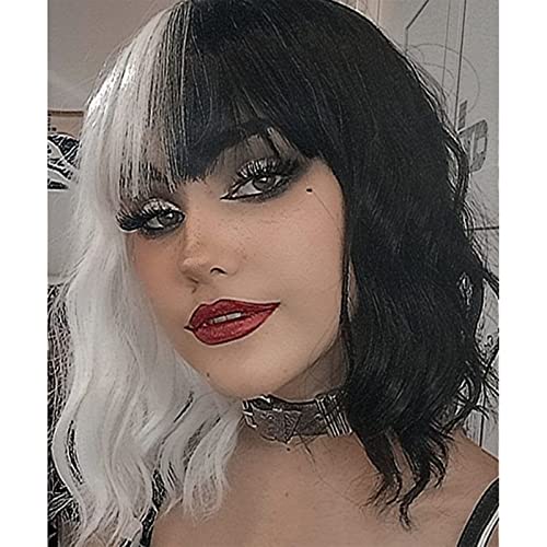 Black and White Wavy Bob Wig with Bangs - Heat Resistant Synthetic Fiber Wig for Women - Natural Looking Cosplay & Halloween Party Costume Wig (Great for Themed Events, Costume Parties, and Cosplay Characters)