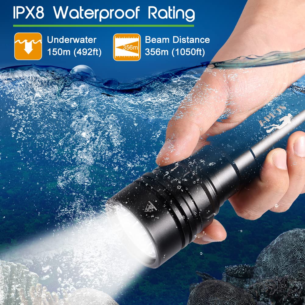APLOS AP150 15000 Lumen Rechargeable Scuba Diving Flashlight - Waterproof Underwater Dive Light for Deep Sea Exploration to 492ft - Includes Battery & Charger - Perfect for Night Diving, Cave Diving, and Marine Photography