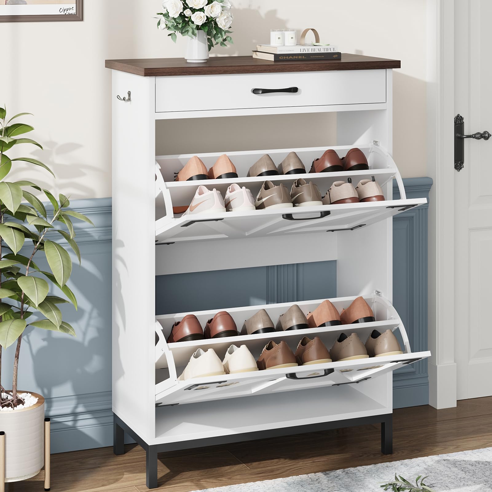 Farmhouse Style White Shoe Cabinet with 2 Flip Drawers - Narrow Entryway Shoe Storage Organizer for Hallway, Foyer & Door Entry - Free Standing Hidden Shoe Storage Cabinet (Perfect for Small Spaces & Apartment Living)