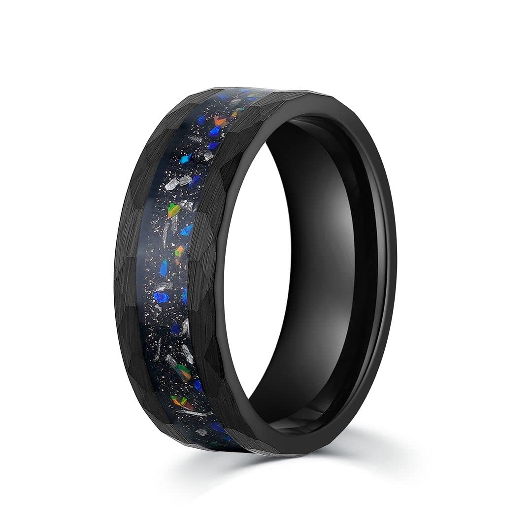 Galaxy Opal & Meteorite Men's Wedding Ring - 8mm Hammered Black Tungsten Band, Comfort Fit for Men - Perfect for Weddings, Anniversaries & Special Occasions