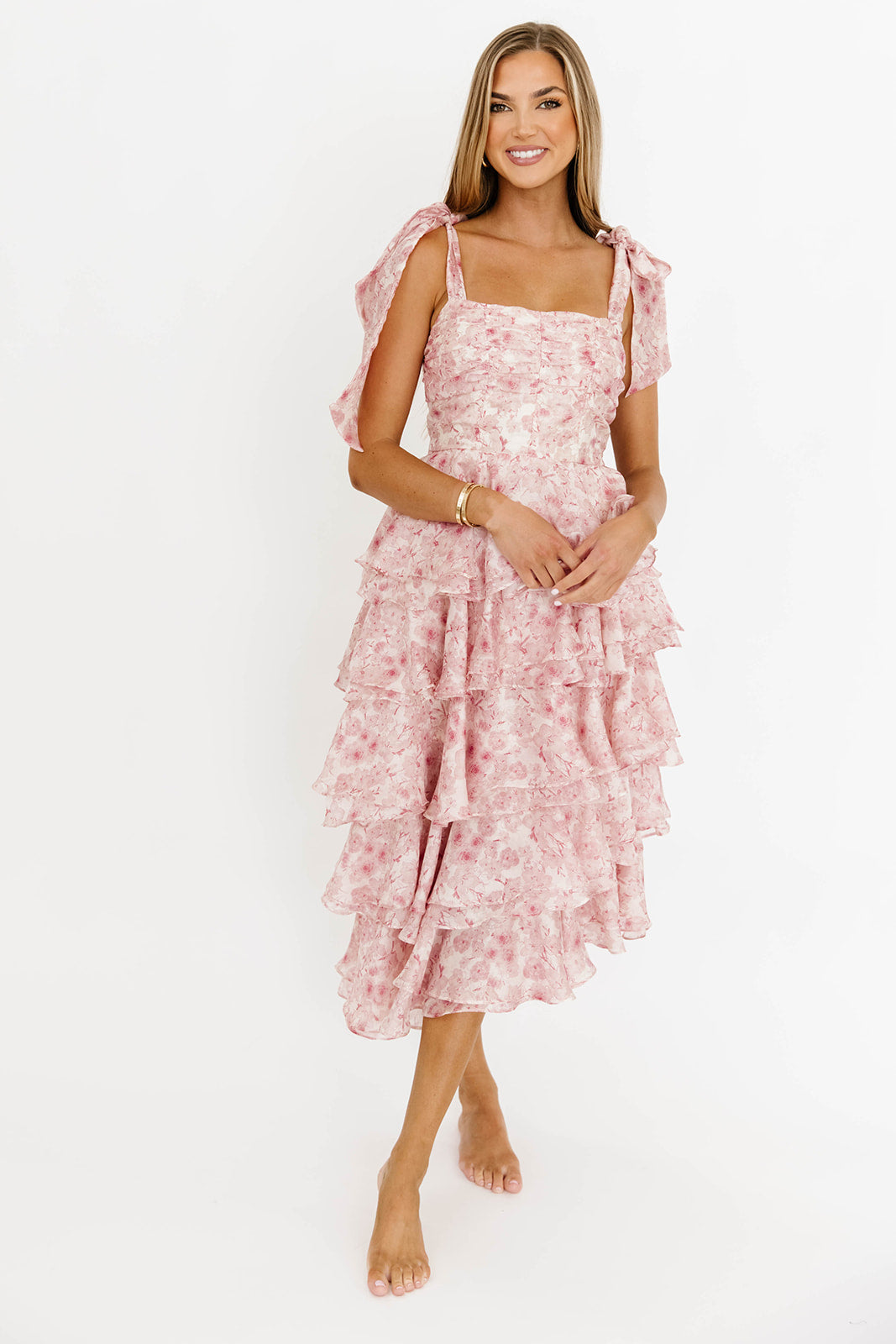 Soho Floral Tiered Midi Dress with Pleats & Ruffle - Pink Summer Dress for Women | Perfect for Garden Parties, Brunch Dates & Vacation Outfits