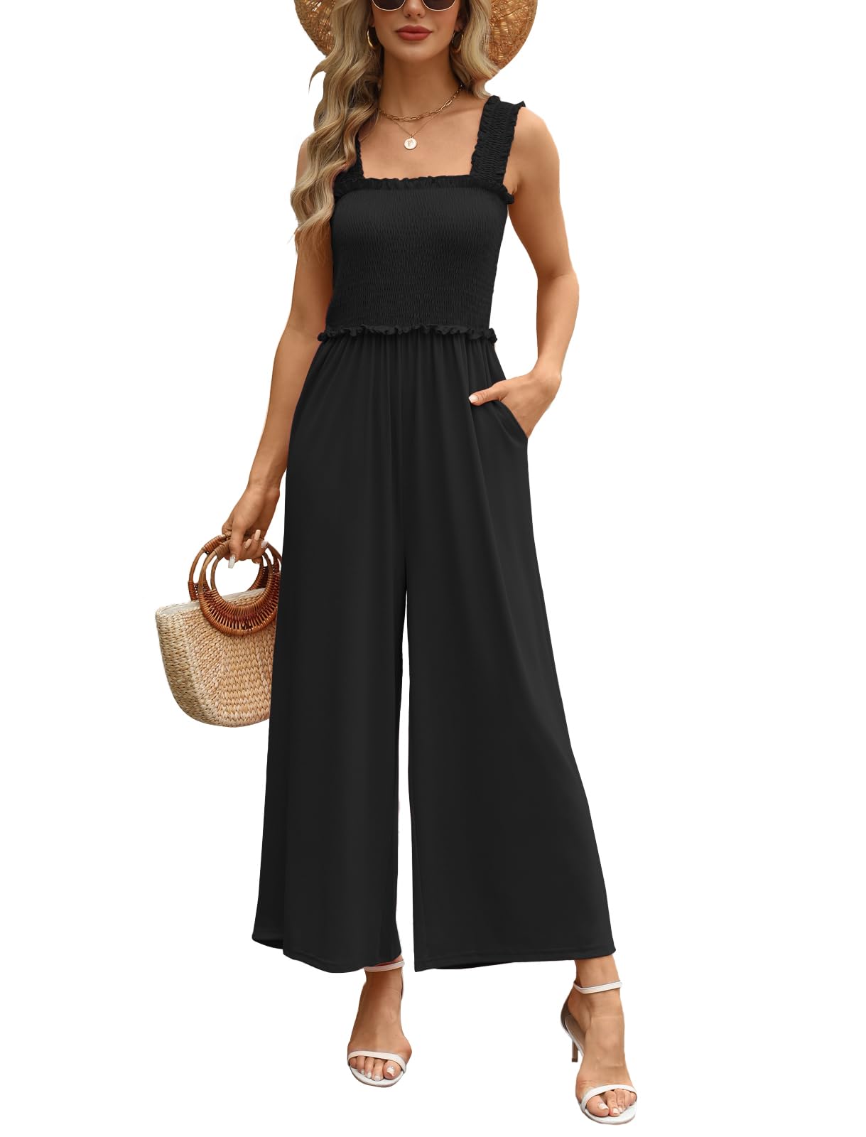 Tanou Women's Summer 2025 Casual Smocked Jumpsuit - Flowy Wide Leg Romper with Ruffled Straps & Pockets | Beach Cover-Up, Vacation Outfit, Boho Chic Fashion