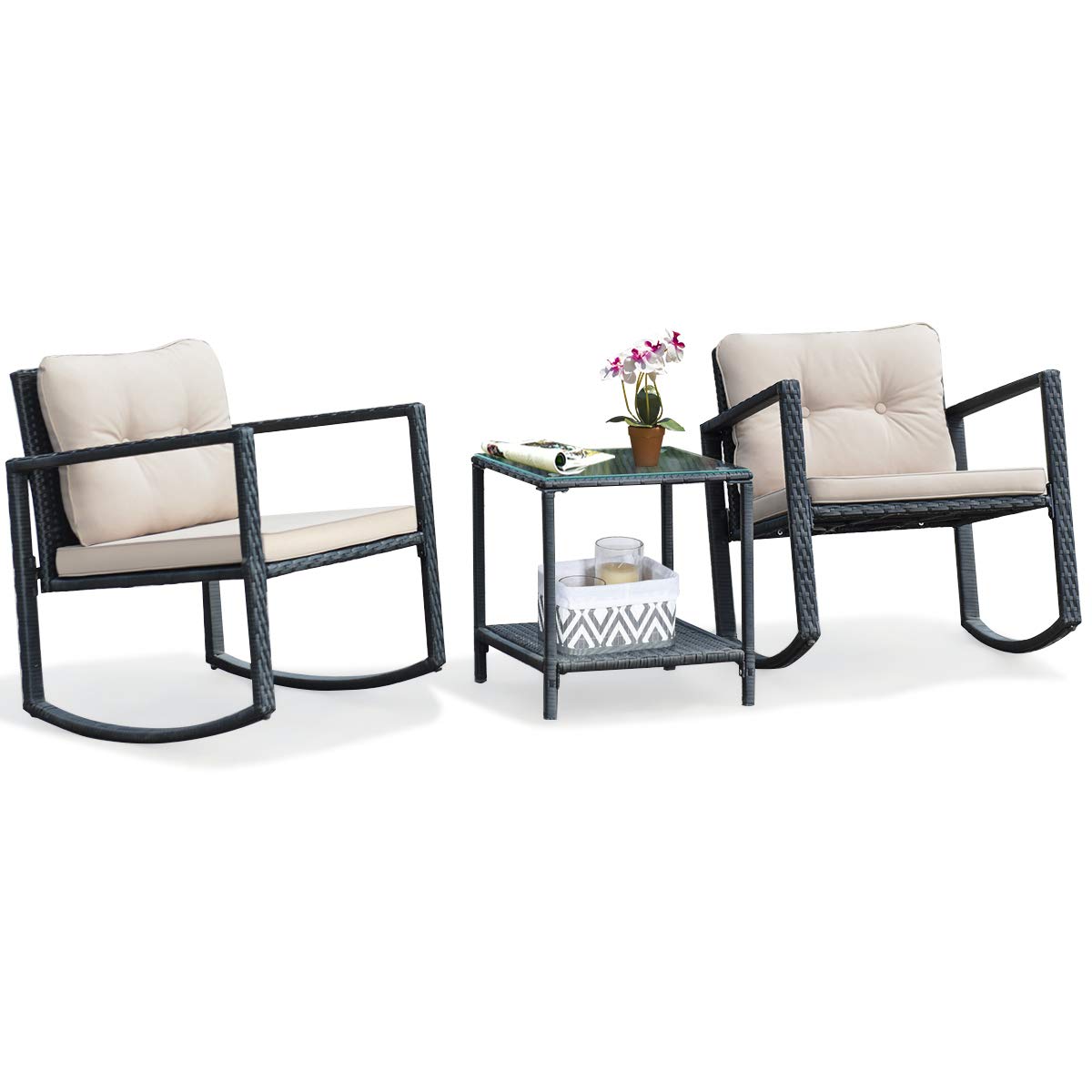 Tangkula 3-Piece Wicker Rocking Set with Cushions - Outdoor Patio Furniture for Garden, Poolside & Balcony