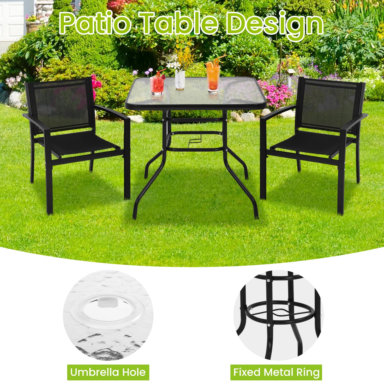 32'' Square Outdoor Bistro Table with Tempered Glass Top & Umbrella Hole - Patio Dining Set for Garden, Lawn, Balcony, Yard, Bars & Restaurants | Perfect for Al Fresco Meals, BBQs & Outdoor Entertaining