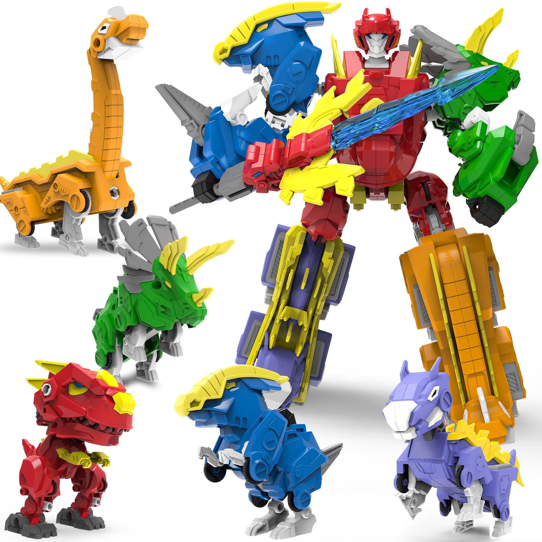5-in-1 Transformable Robot Dinosaur Toys Set - Large Buildable Triceratops & 4 Other Dinosaur Action Figures (8
