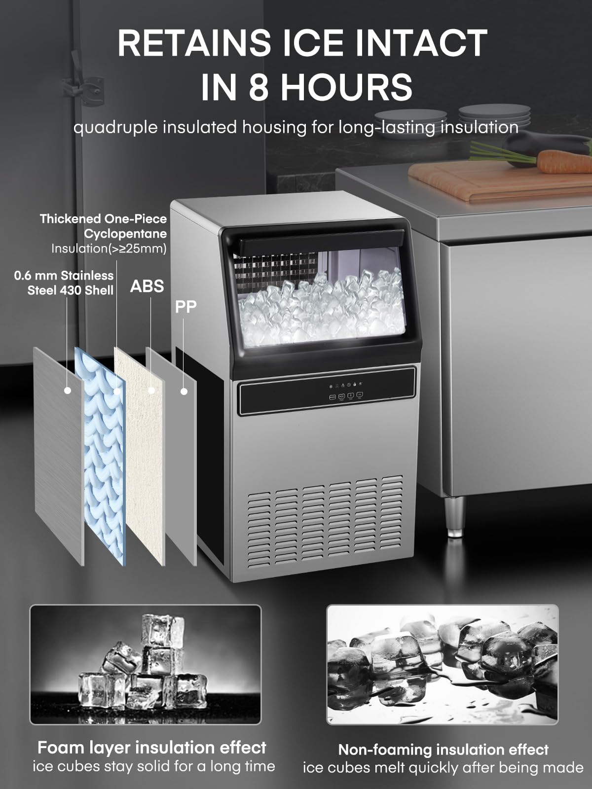 150lbs/24h Commercial Ice Maker Machine - Stainless Steel Under Counter Ice Machine with 33lbs Storage Bin - Freestanding Heavy Duty Ice Maker for Restaurants, Bars, Cafes & Hotels - Perfect for Cocktails, Beverages & Food Service