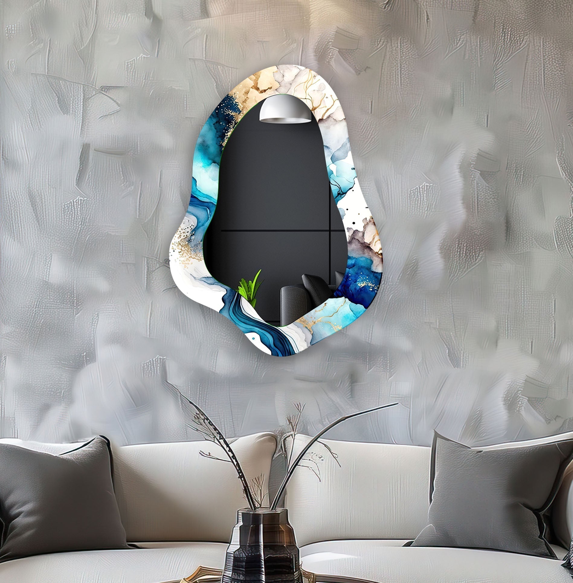 Blue Alcohol Ink Abstract Wall Mirror - Handmade Modern Home Decor for Living Room, Bedroom, or Bathroom