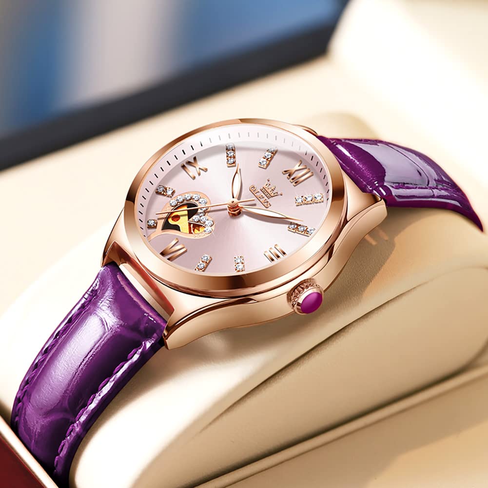 OLEVS Automatic Women's Watches - Luxury Diamond Dial Ladies Watch with Genuine Leather Strap, Self-Winding Mechanical Movement, 50M Waterproof - Perfect for Business, Party & Everyday Wear