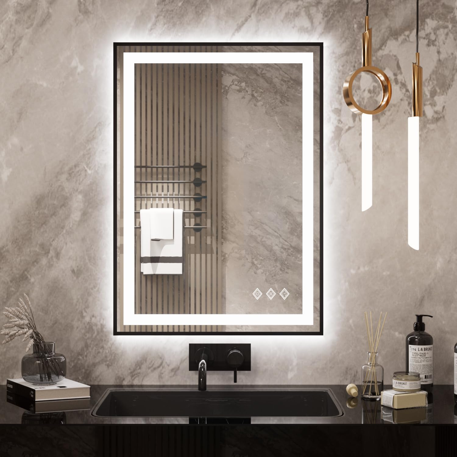 20x28 Inch Black Framed LED Bathroom Mirror with Gradient Front & Backlit - Dimmable 3 Colors, CRI>90, IP54 Waterproof Anti-Fog Technology - Perfect for Vanity, Makeup Application and Modern Bathroom Decor