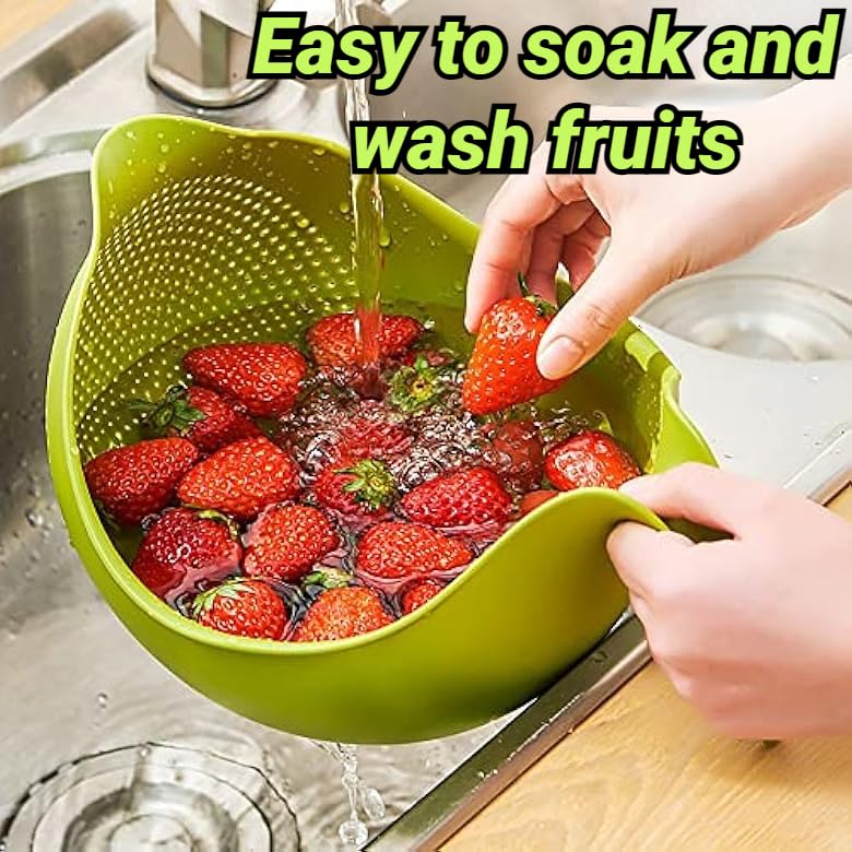 4-in-1 Rice Washer Strainer Bowl Set - Perfect for Washing Quinoa, Fruits & Vegetables | Kitchen Colander with Handle | 3-Pack Green Drain Baskets for Healthy Cooking & Meal Prep