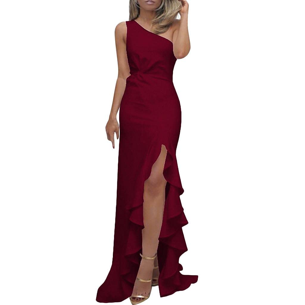 Elegant One Shoulder Ruched Ruffle Formal Evening Dress for Women - Slim Fit Maxi Party Gown for Cocktail, Wedding & Special Occasions