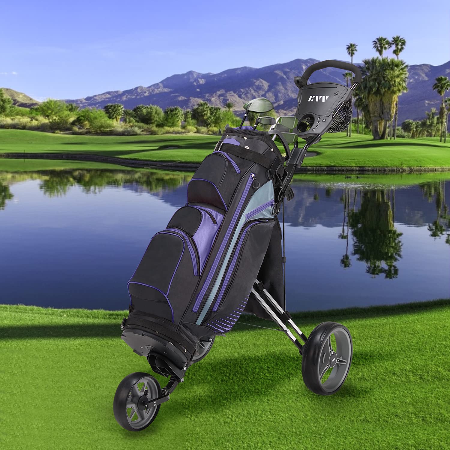 KVV Foldable Lightweight 3 Wheel Golf Push Cart with Stylish Scorecard Holder & Storage Bag - Easy Open/Close Design for Convenient Transport | Perfect for Golfers, Seniors & Course Use