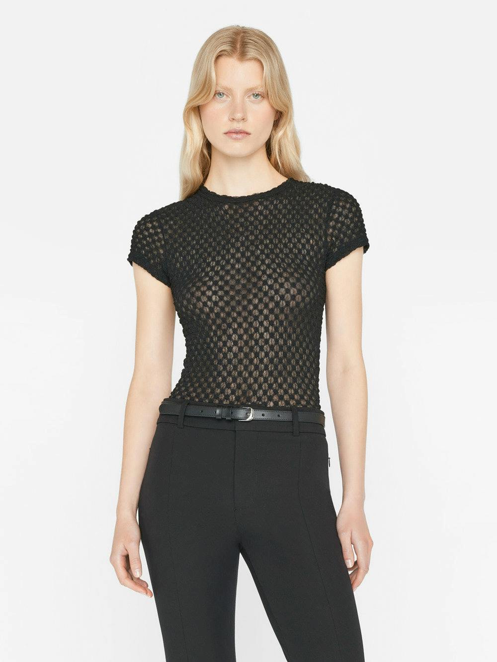 Stylish Frame Mesh Lace Baby Tee - Soft & Breathable Women's Crop Top for Summer | Perfect for Casual Outfits, Beach Wear & Music Festivals