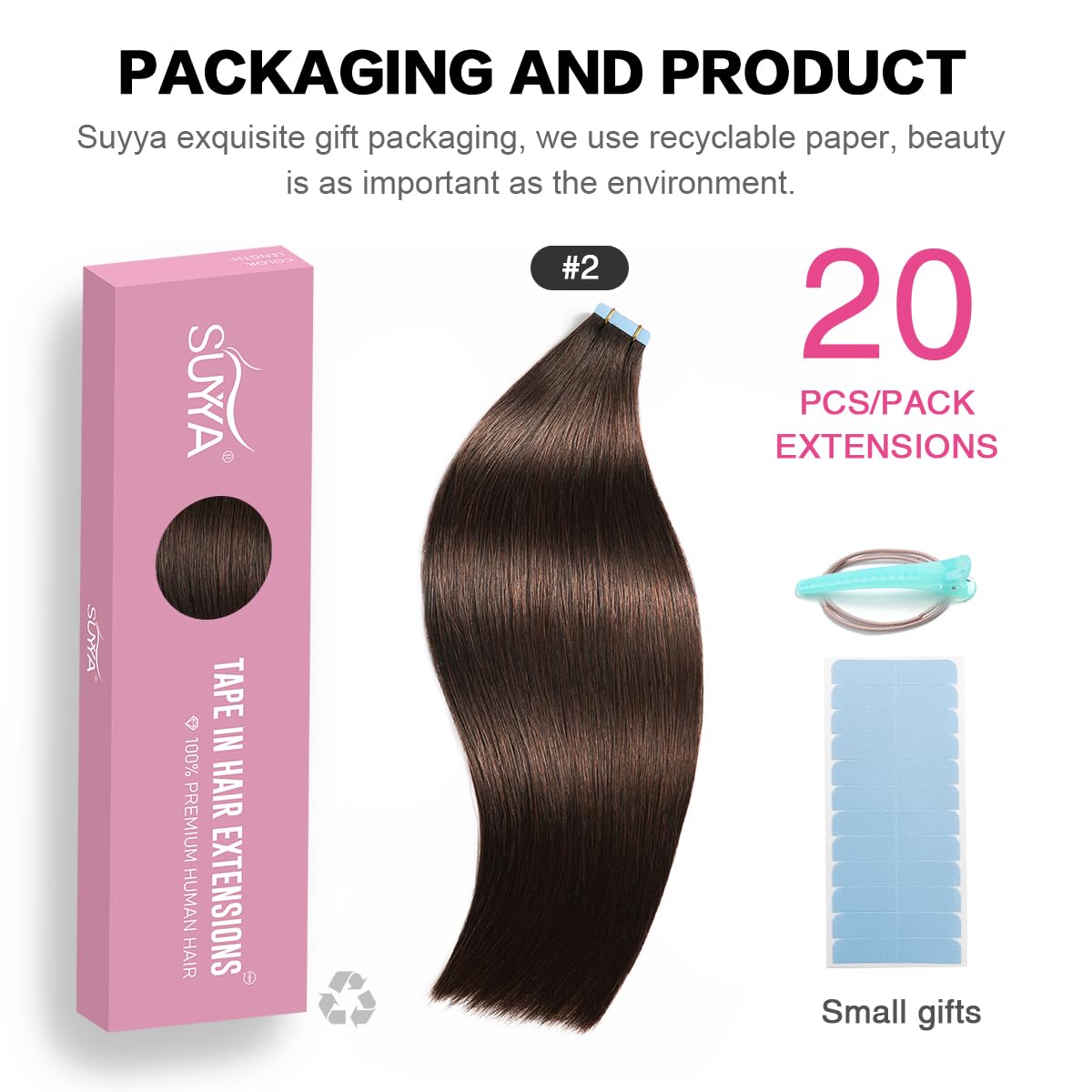 SUYYA 28 Inch Tape in Hair Extensions - 100% Human Hair, #2 Darkest Brown, 60g/pack (20pcs), Straight Seamless Skin Weft for Natural Look - Perfect for Weddings, Parties & Daily Styling