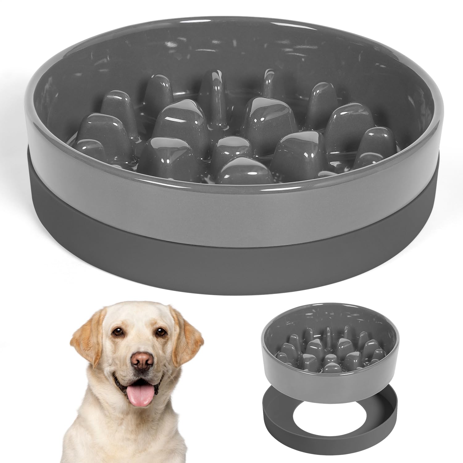 **Sted Ceramic Slow Feeder Dog Bowl for Medium & Large Breeds – Anti-Gulping Puzzle Dog Food Dish with Non-Slip Silicone Base, Grey – Perfect for Fast Eaters & Portion Control at Home or Travel**