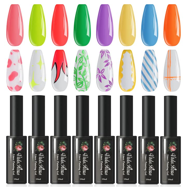 VidaRosa 8 Colors Gel Nail Liner Polish Set - UV LED Cured 3D Nail Art Design Kit with Fine Brush for DIY Manicure, Salon Professionals & Home Use - Long Lasting 10ML Bottles (Perfect for Parties, Weddings & Special Occasions)