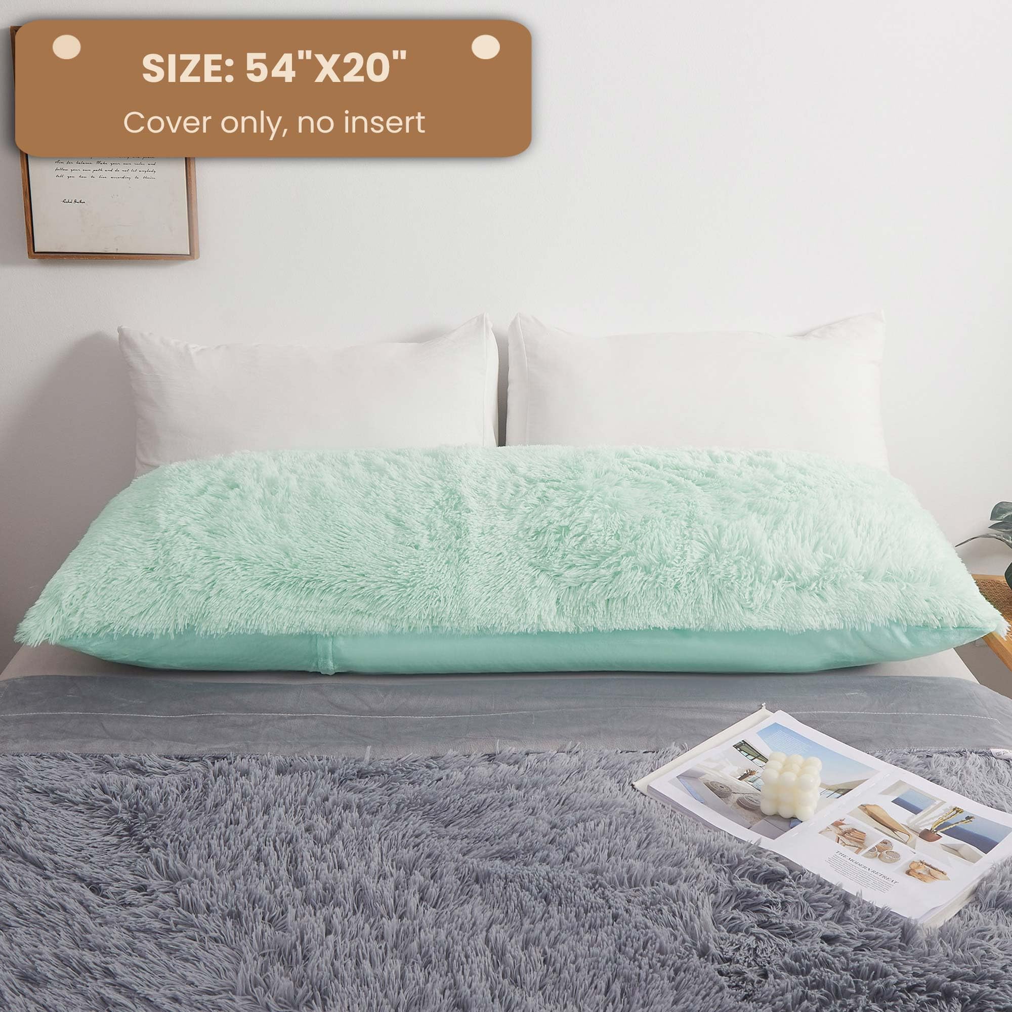 Luxury Fluffy Body Pillow Cover 20x54 Inches - Soft Shaggy Faux Fur Pillowcase with Zipper Closure, Plush Hug Pillow for Bedroom, Couch & Dorm - Aqua Green Decorative Furry Long Pillow for Adults & Teens