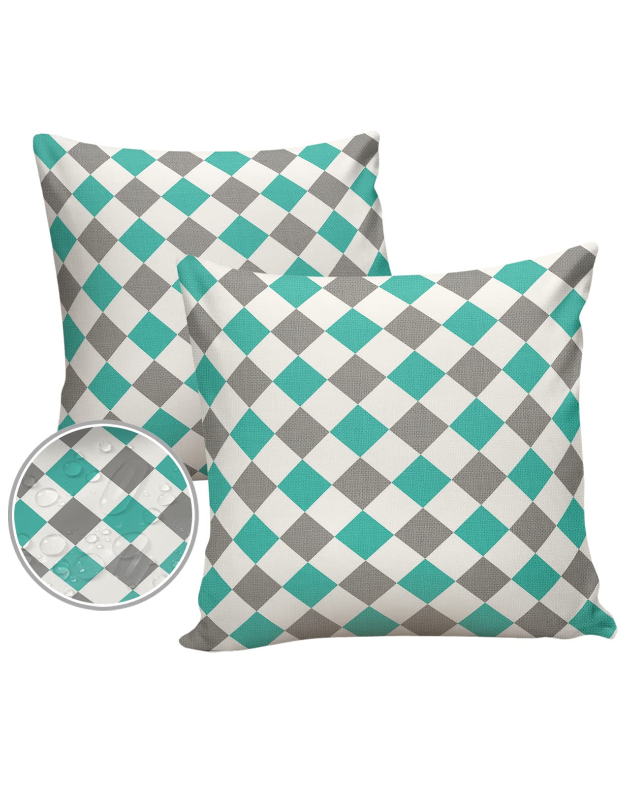 Waterproof Pillow Covers 16x16 Inches - 2 Pack Rhombus Lattice Geometric Cushion Protectors in Pop Green, Gray & White | Outdoor Patio, Garden, Living Room, Sofa, Bed & Car Decor for Home & Travel Use