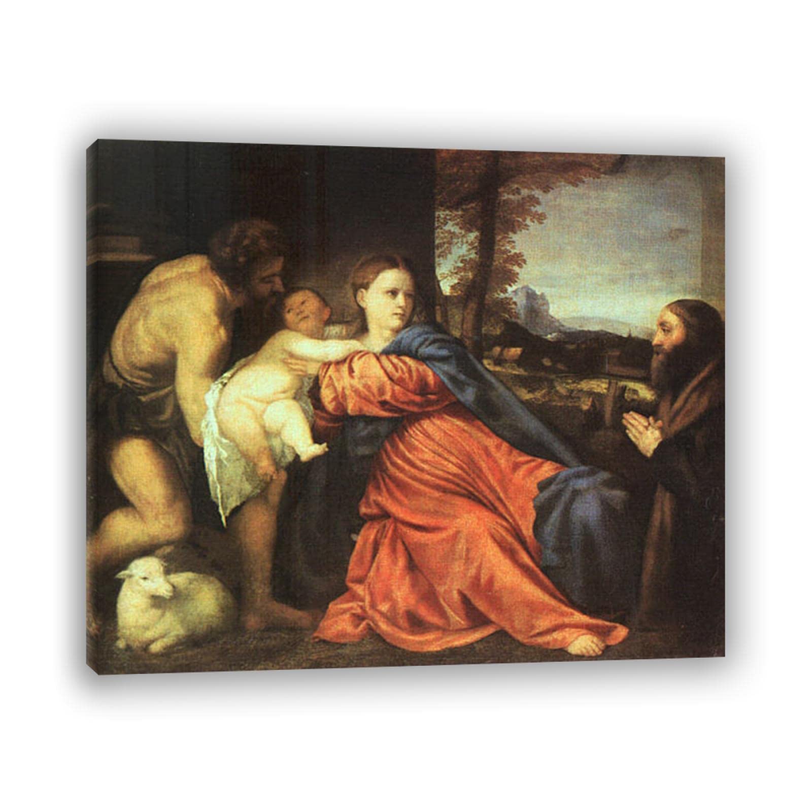 Titian Holy Family and Donor Reproduction - Classic Oil Painting Wall Art Print on Canvas - Wood Framed Ready to Hang 31.5x44.1 inches - Perfect for Living Room, Bedroom & Office Decor