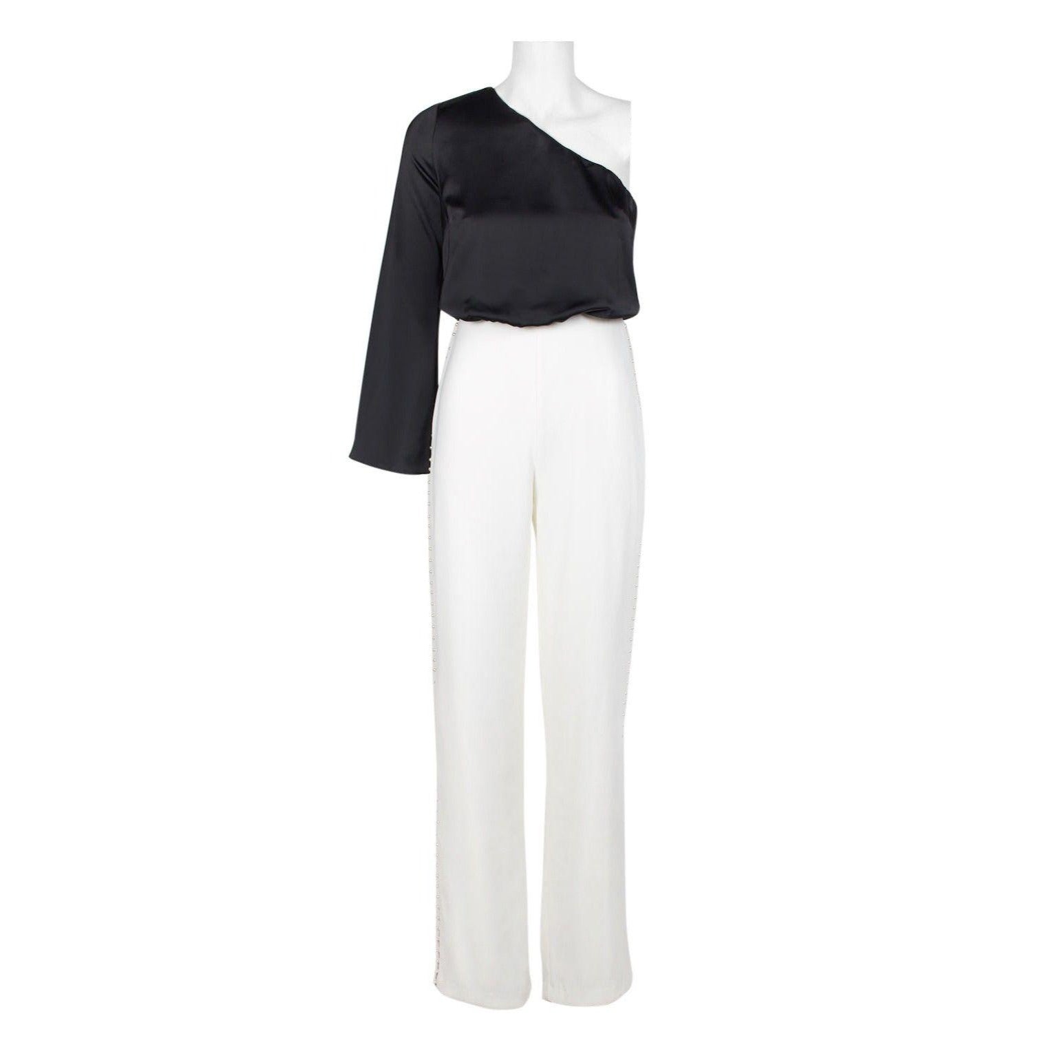 Aidan Mattox Women's Asymmetric Long Sleeve Jumpsuit - Black & Ivory | Elegant One-Piece Romper for Evening Parties, Date Nights & Special Occasions